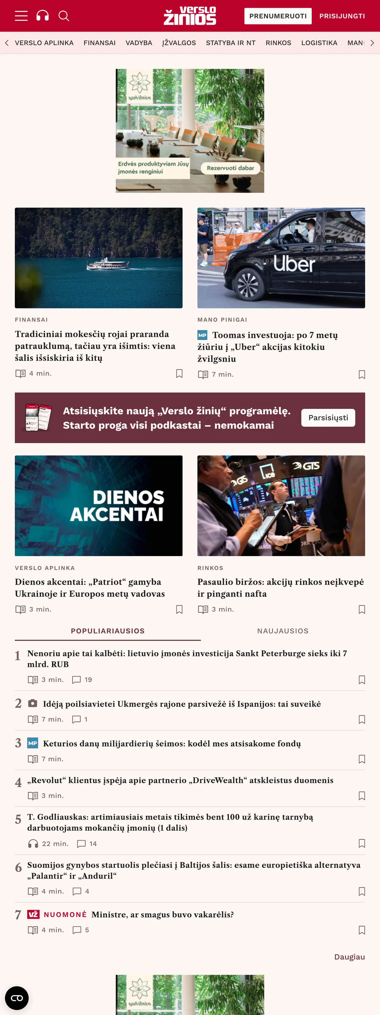 Screenshot of the Verslo žinios front page