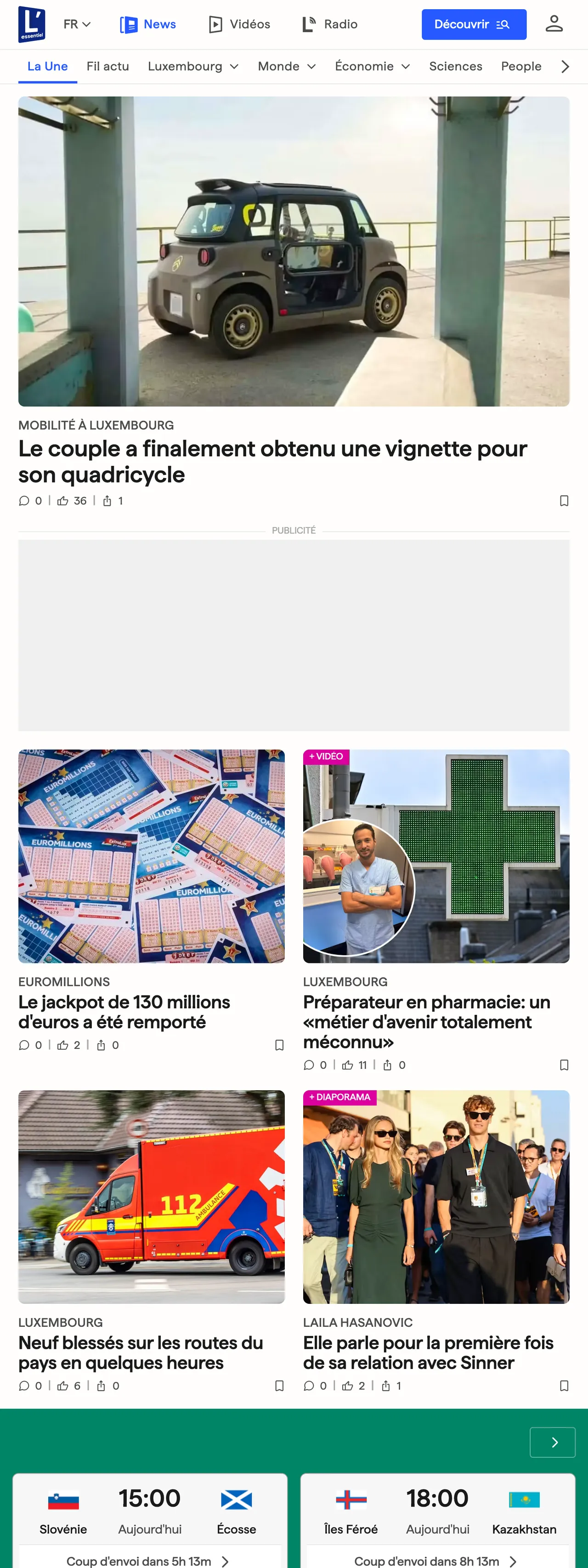 Screenshot of the L'essentiel front page