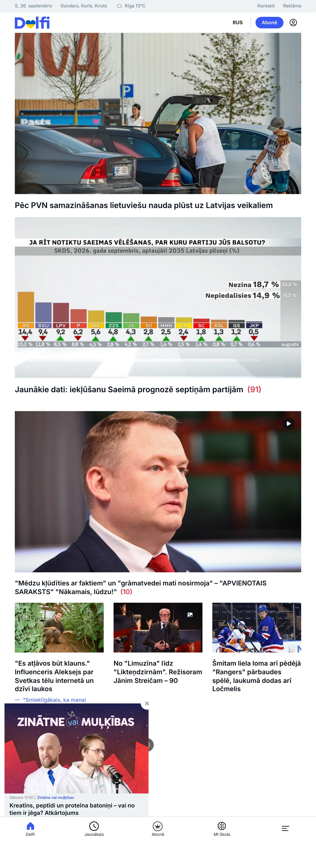 Screenshot of the Delfi front page