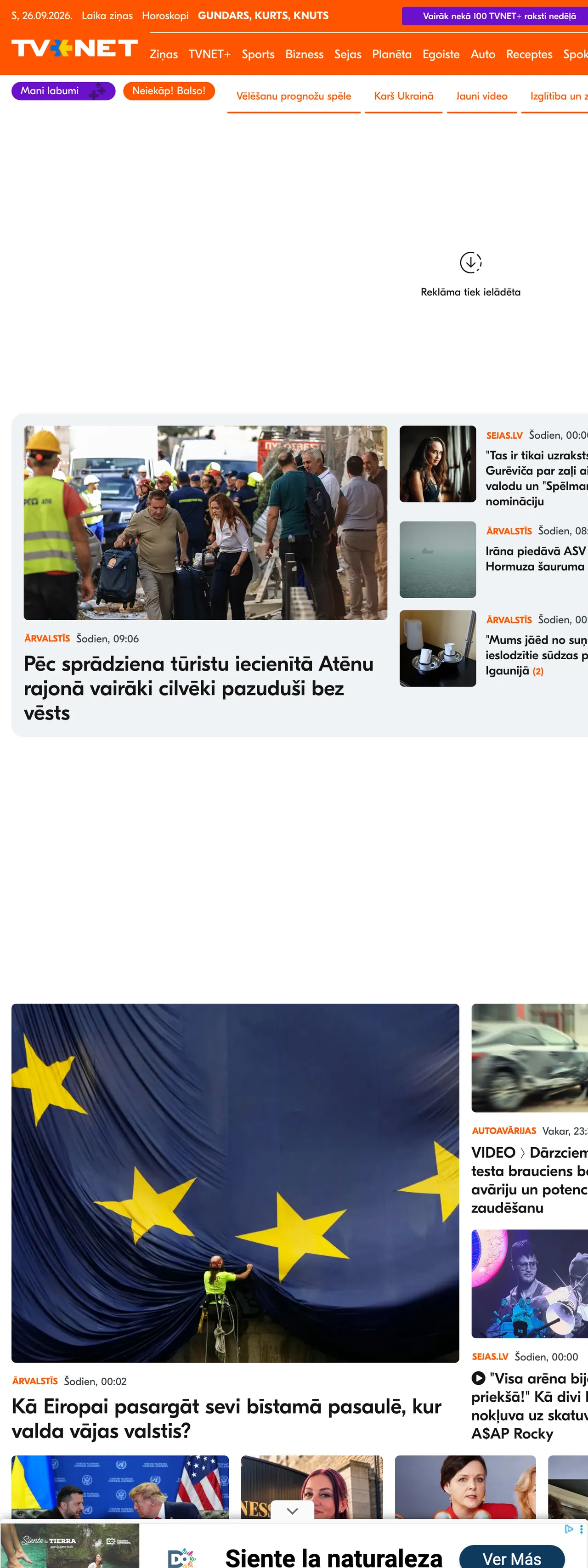 Screenshot of the TVNET front page
