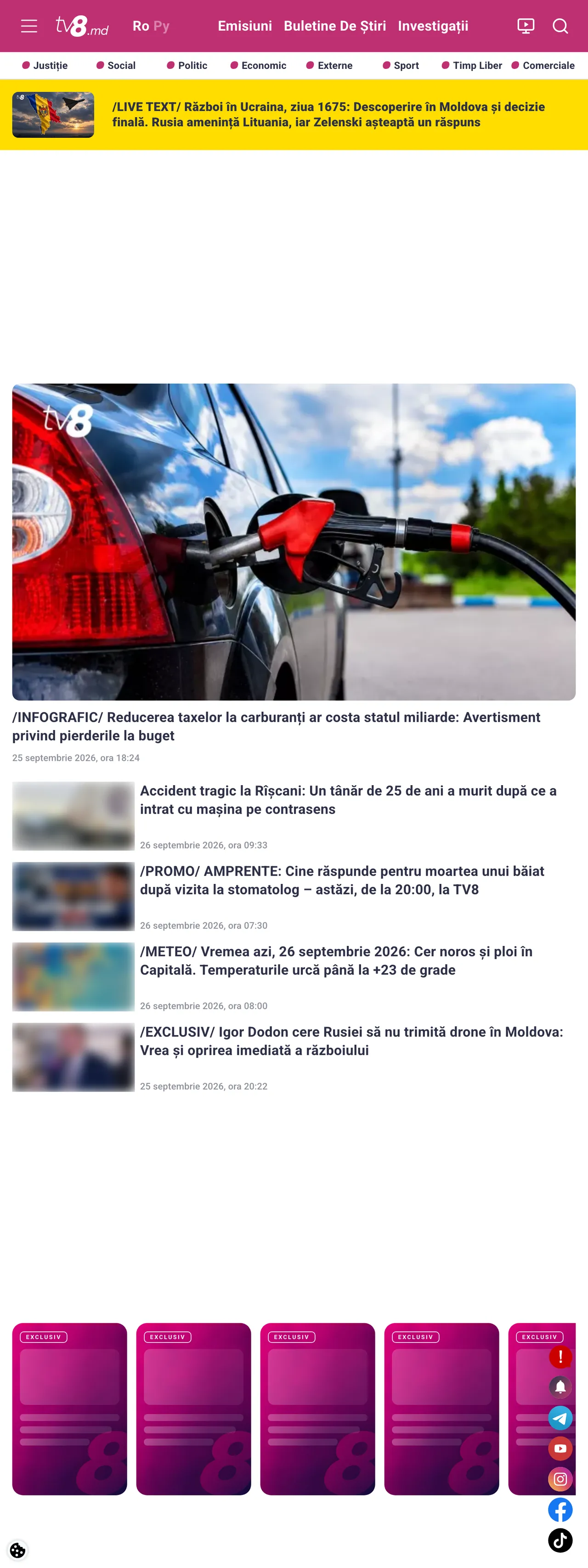 Screenshot of the TV8 front page