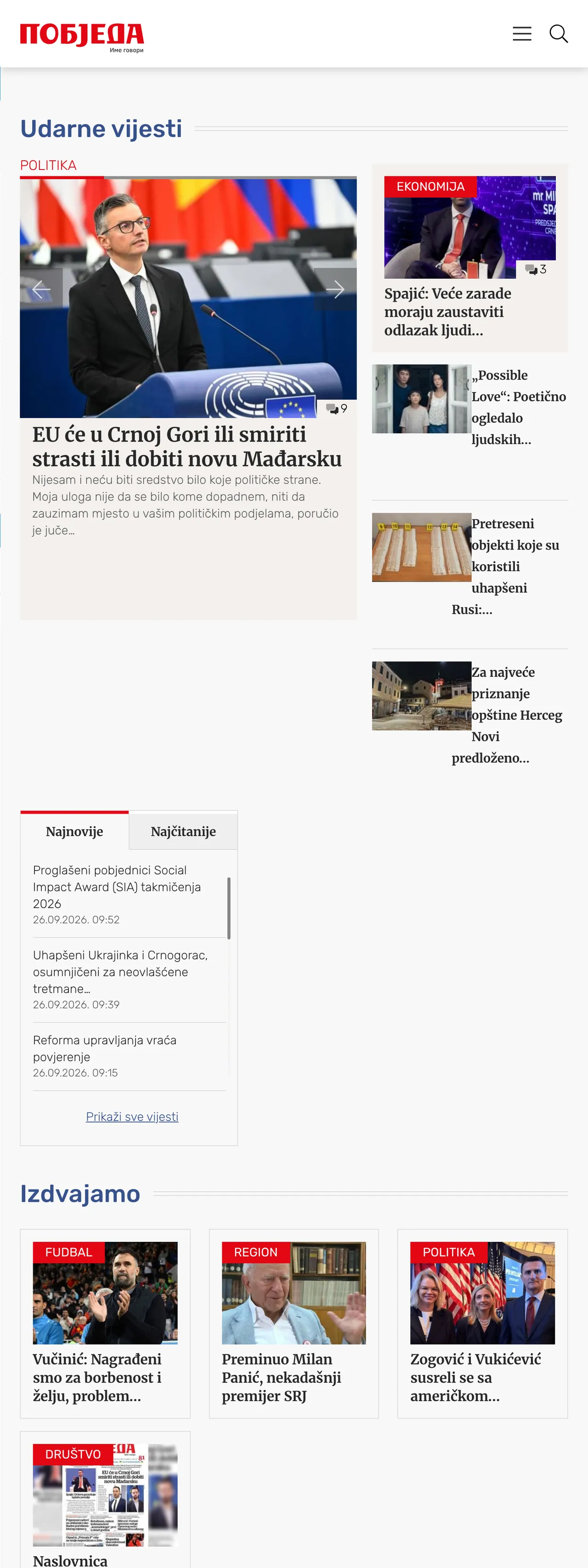 Screenshot of the Pobjeda front page