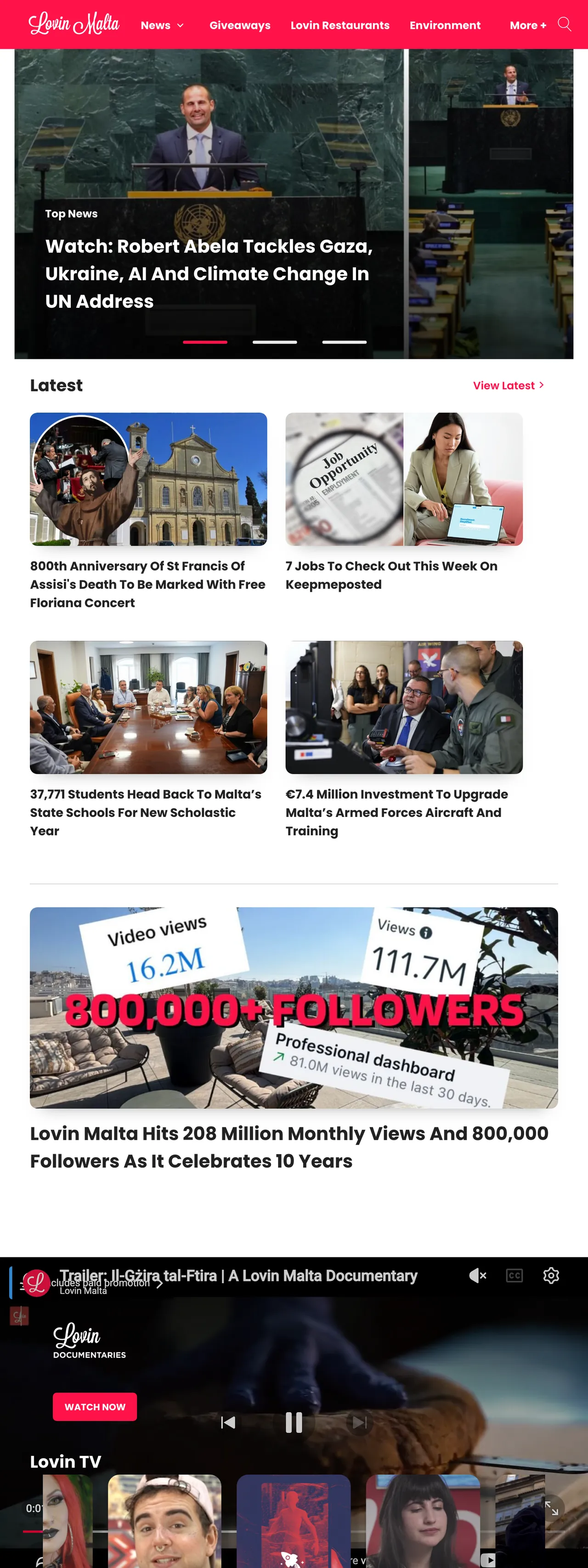 Screenshot of the Lovin Malta front page