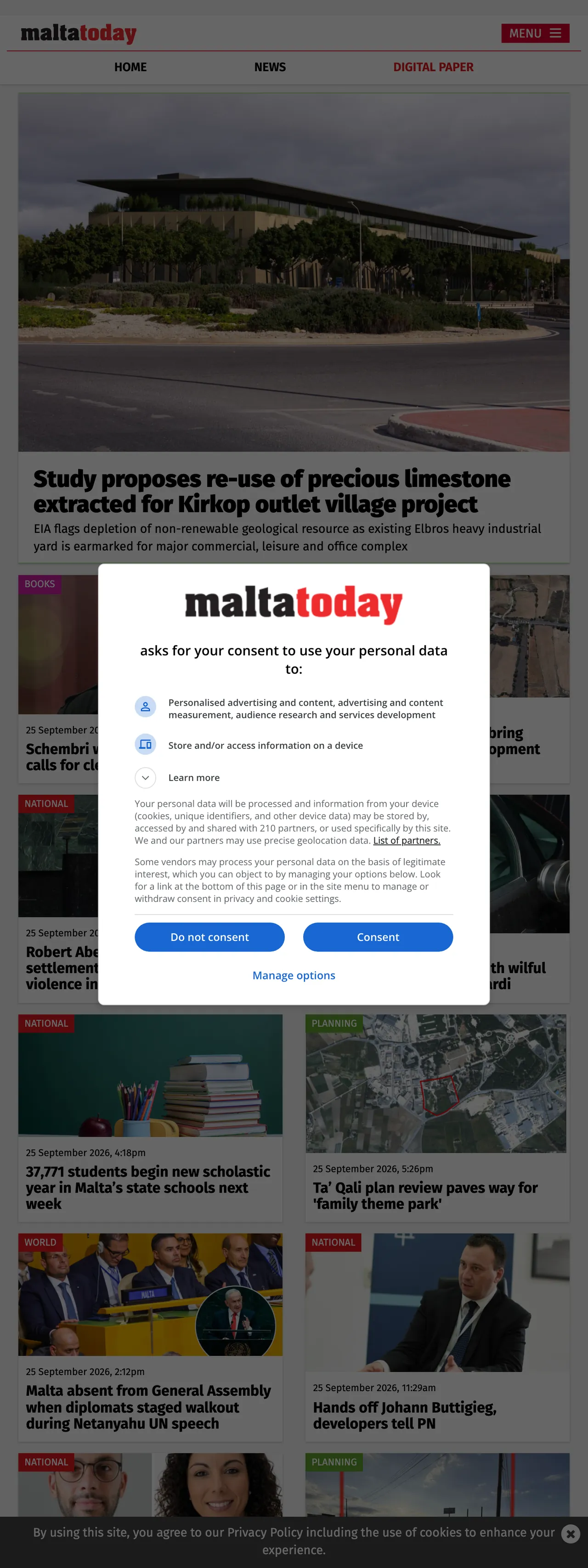 Screenshot of the Malta Today front page