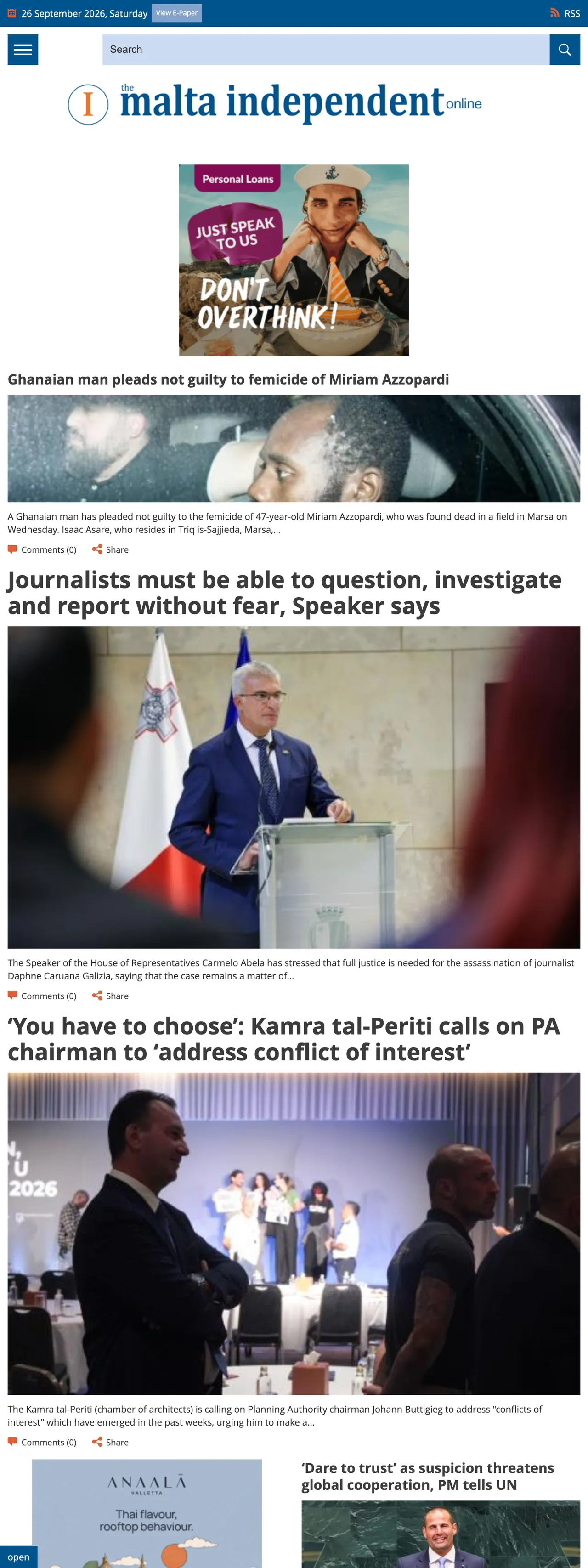 Screenshot of the The Malta Independent front page