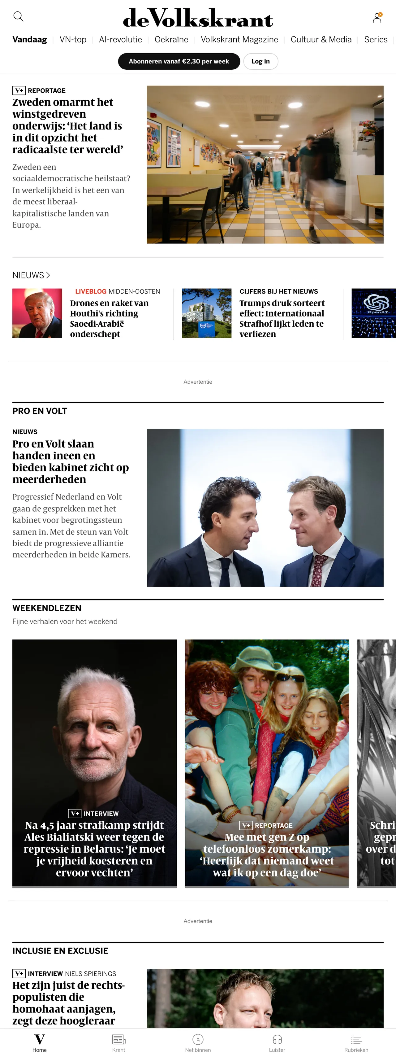 Screenshot of the de Volkskrant front page