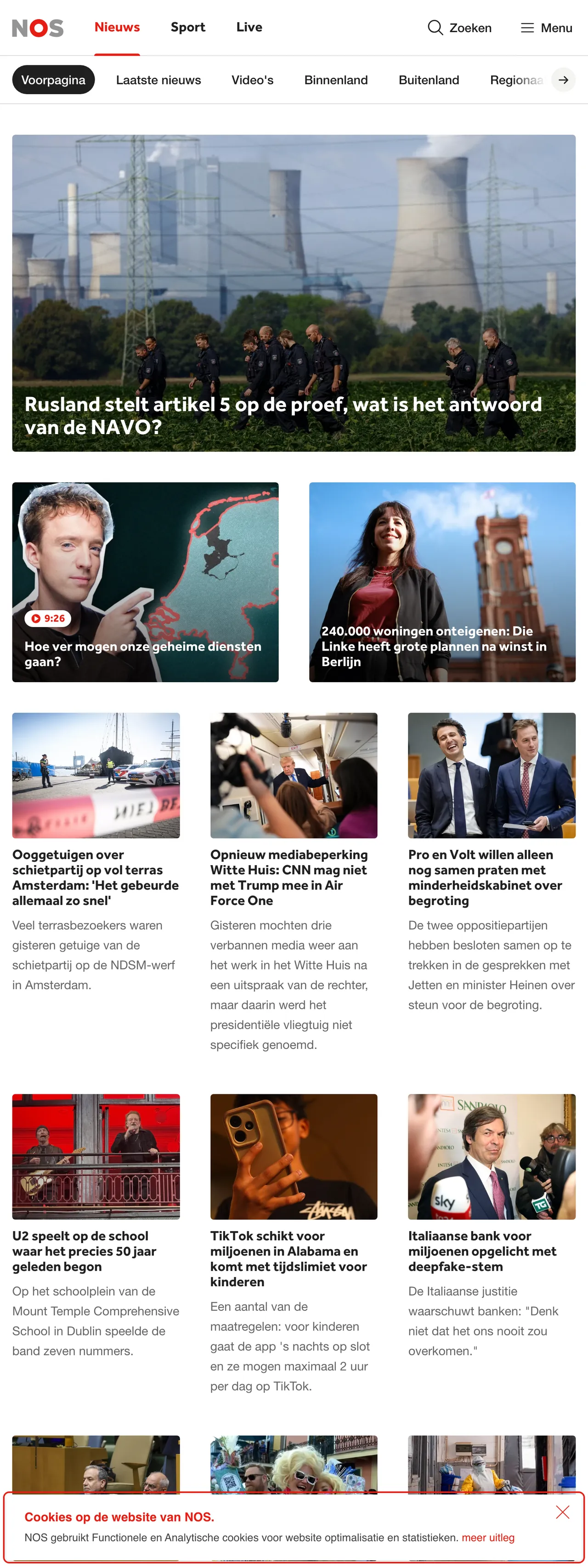 Screenshot of the NOS front page