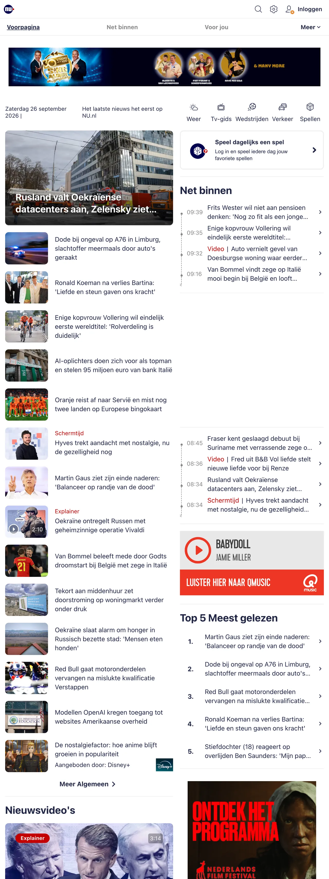 Screenshot of the NU.nl front page