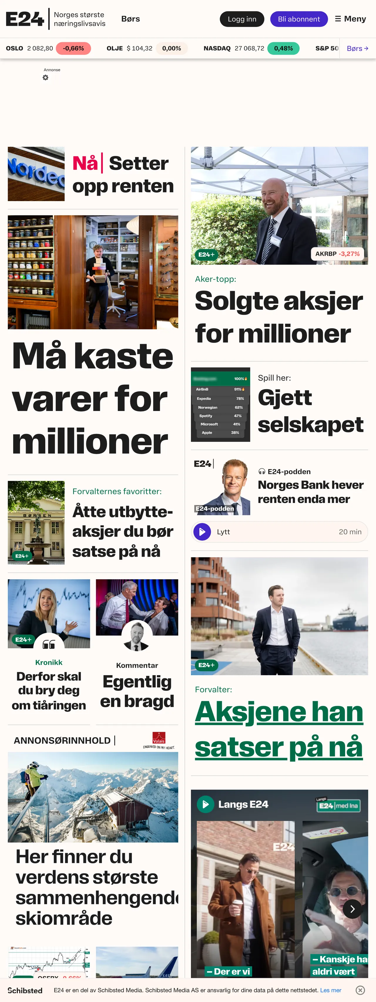 Screenshot of the E24 front page