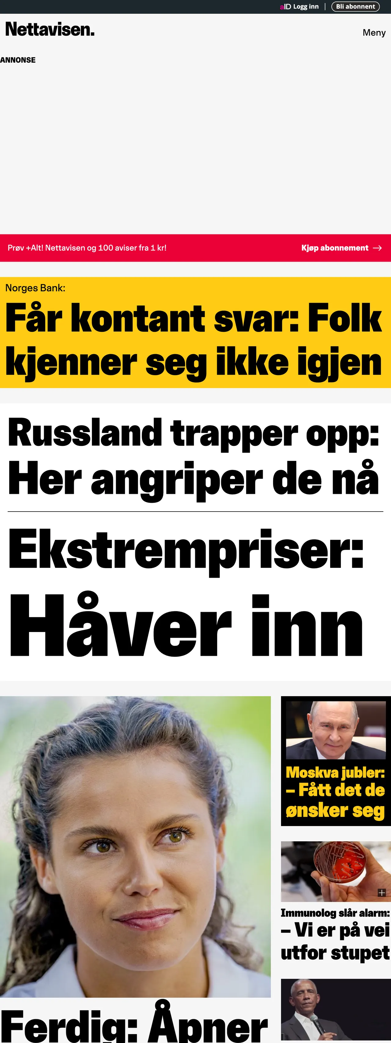 Screenshot of the Nettavisen front page
