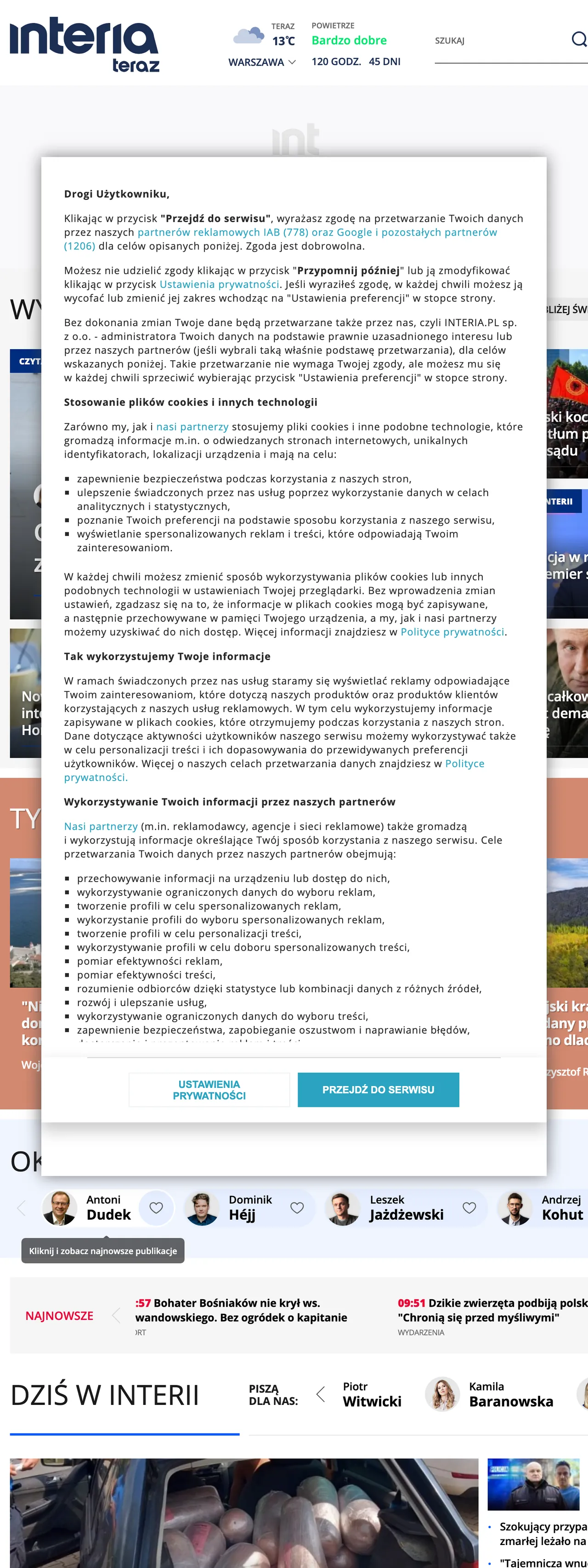 Screenshot of the Interia front page