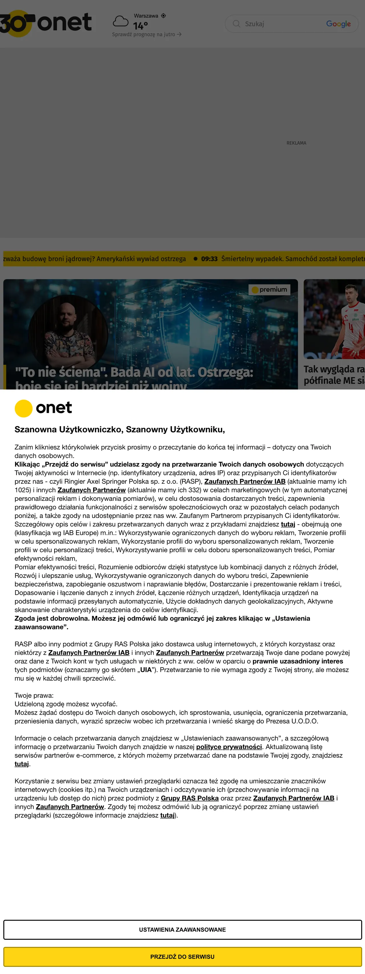 Screenshot of the Onet front page