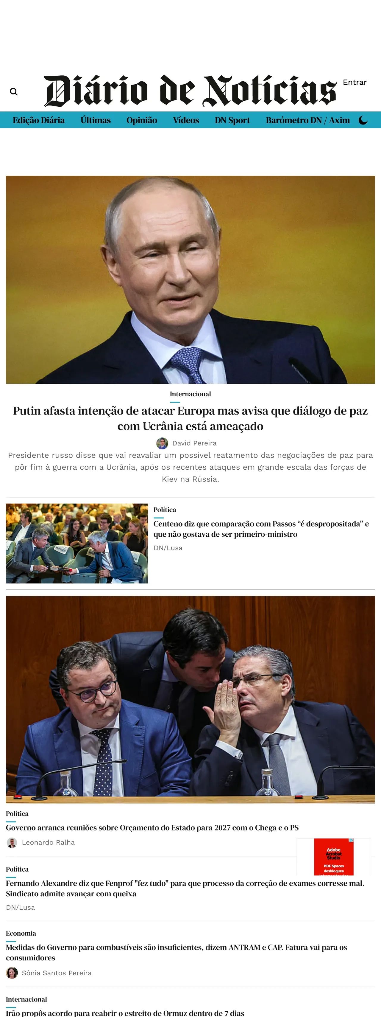 Screenshot of the Diário de Notícias front page