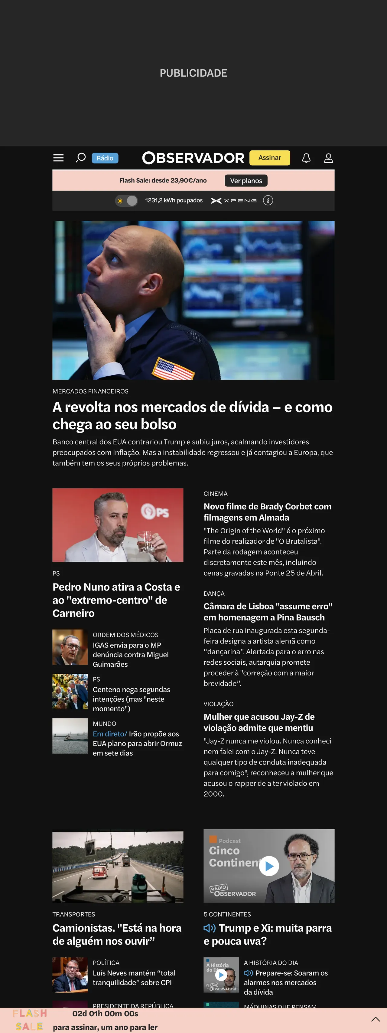 Screenshot of the Observador front page