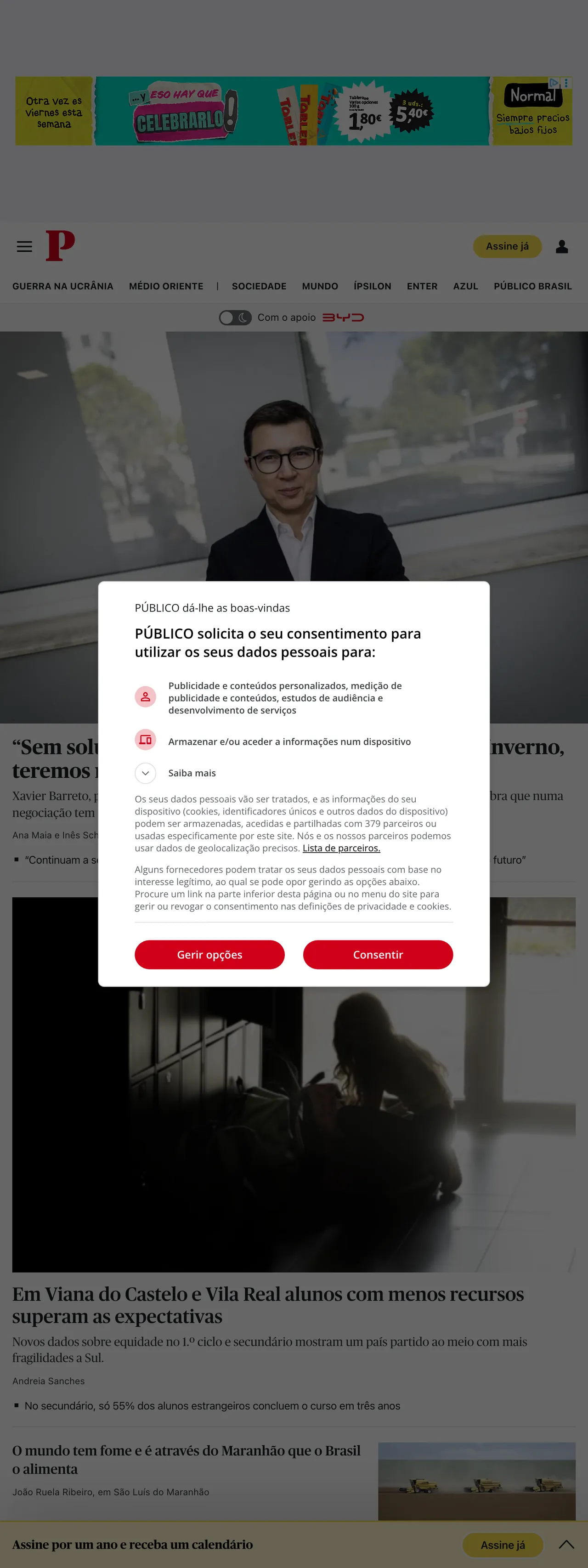 Screenshot of the Público front page