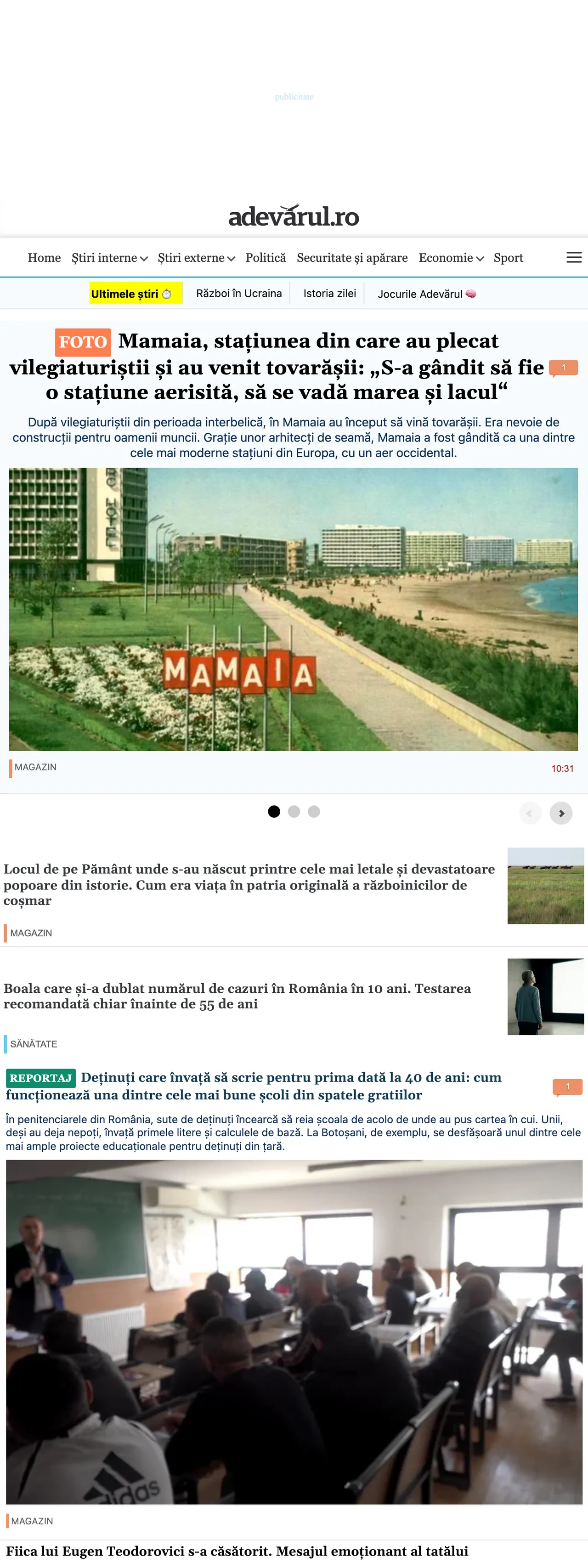 Screenshot of the Adevărul front page