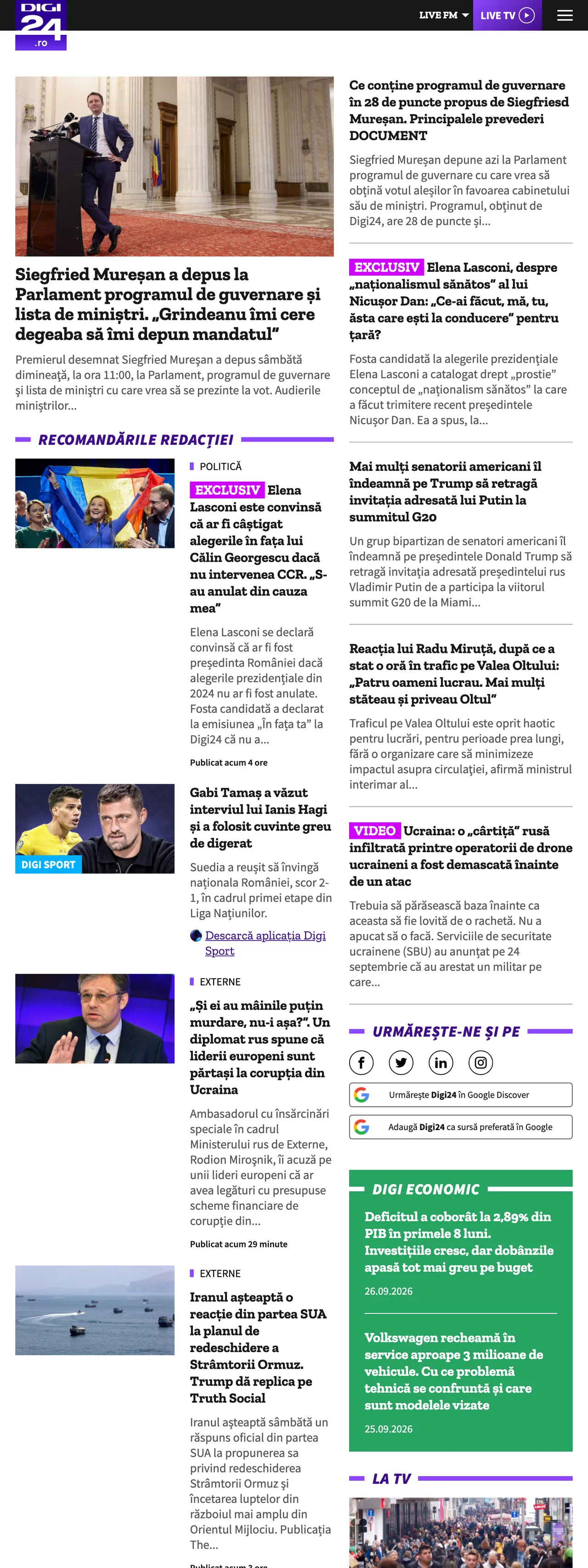 Screenshot of the Digi24 front page