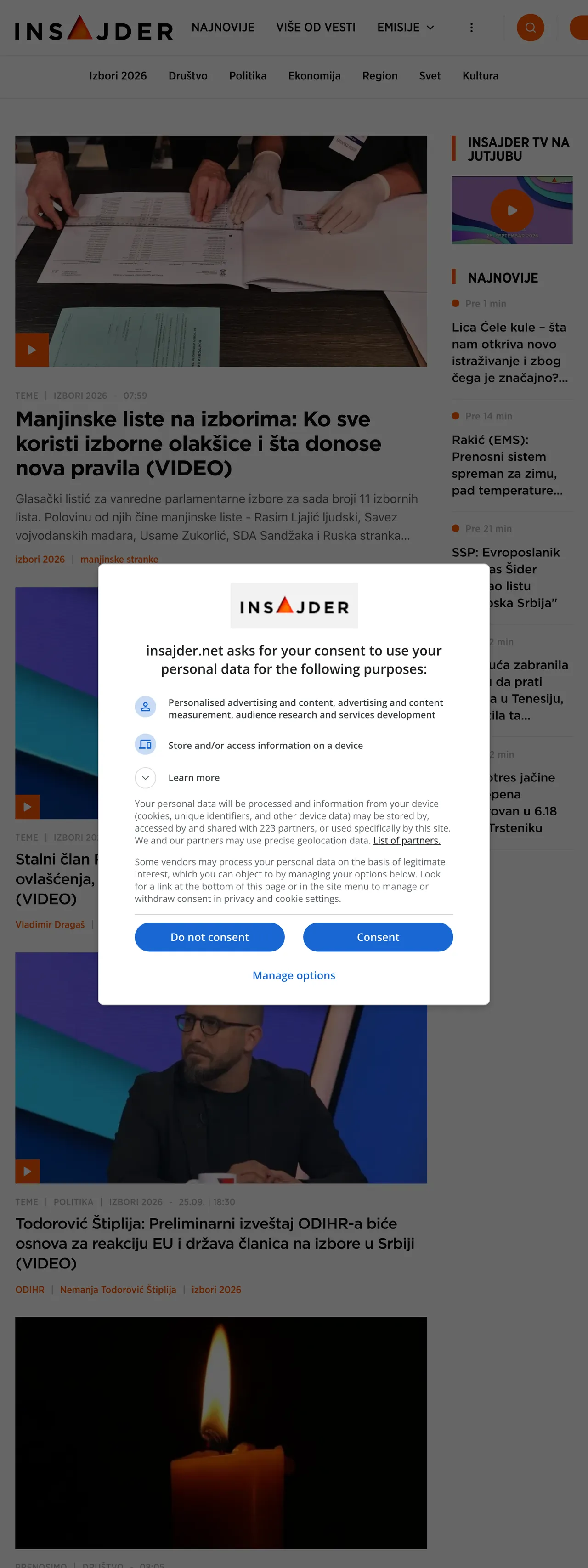 Screenshot of the Insajder front page