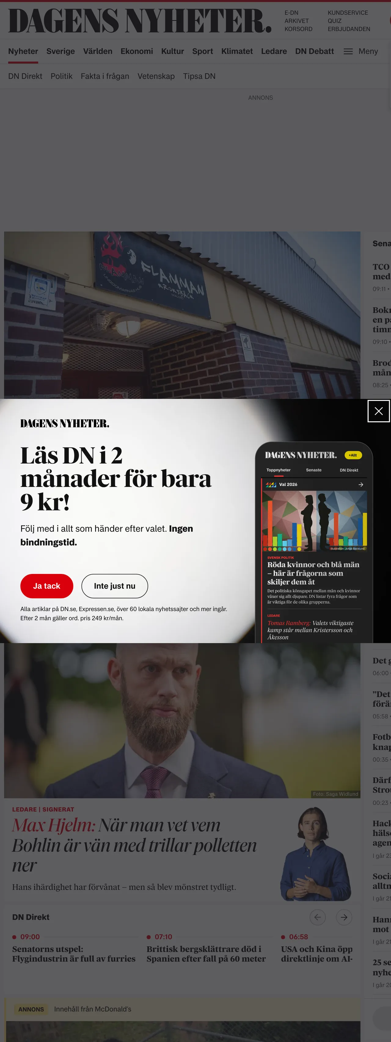Screenshot of the Dagens Nyheter front page
