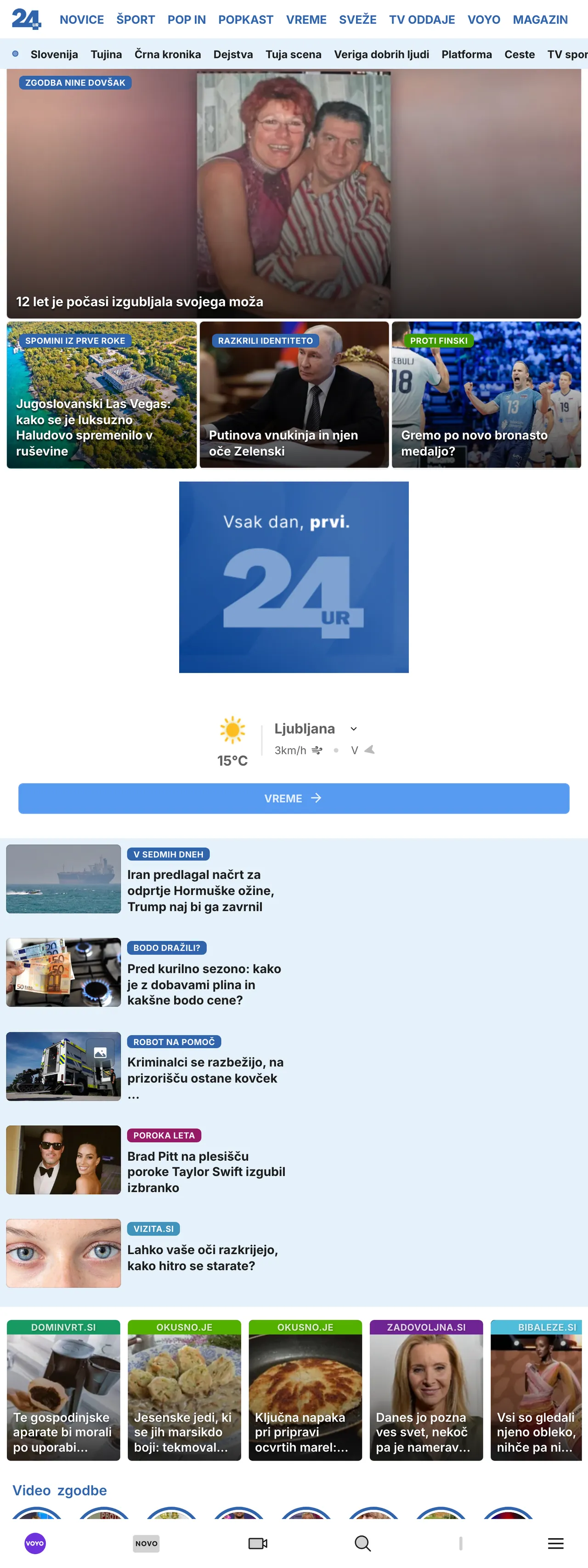 Screenshot of the 24ur front page