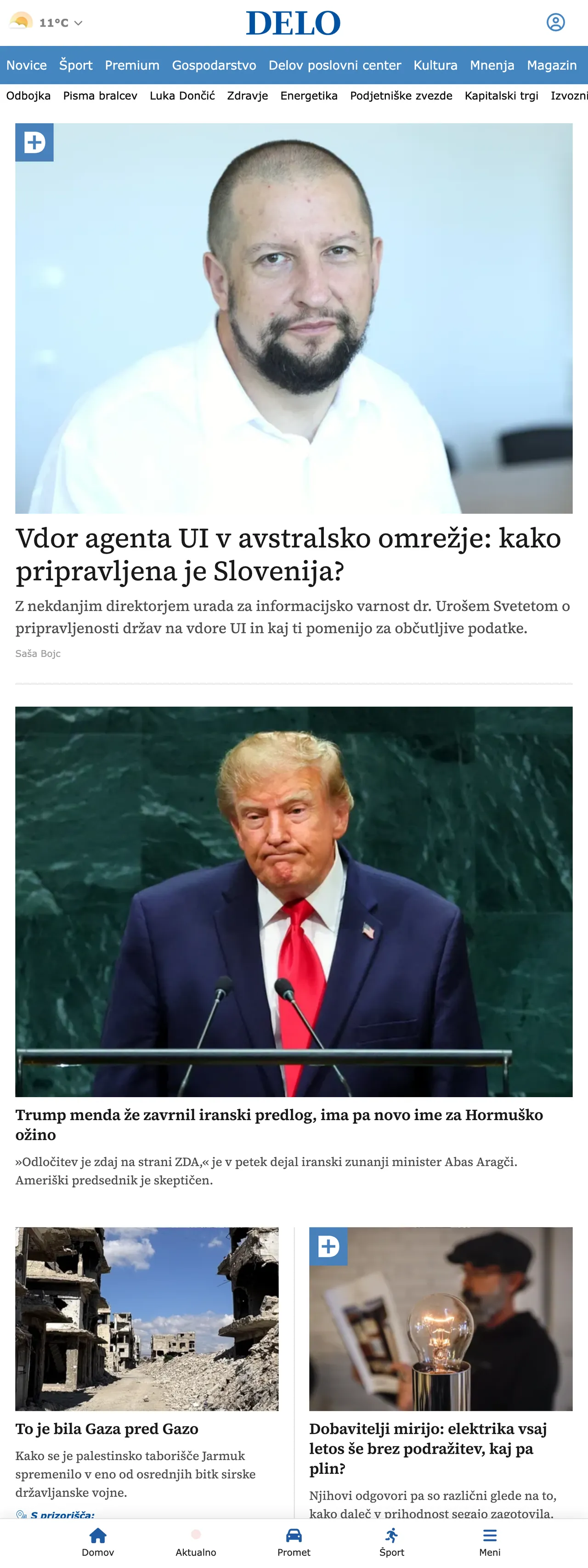 Screenshot of the Delo front page