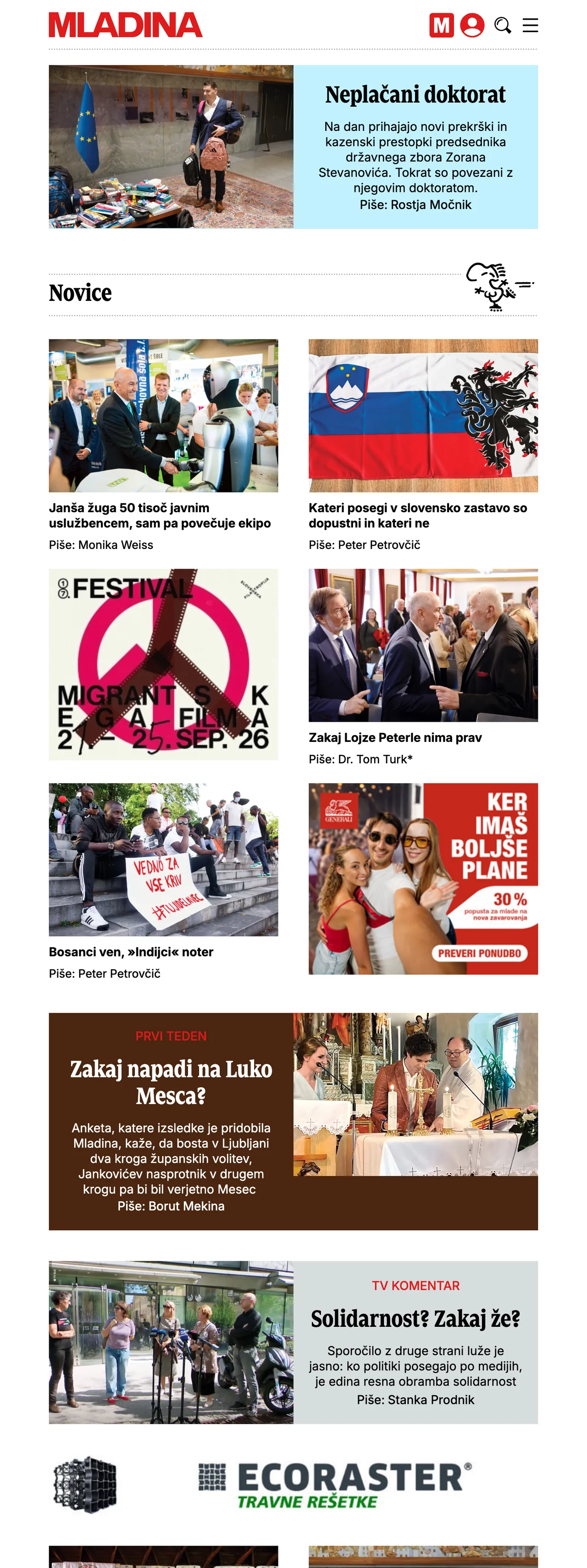 Screenshot of the Mladina front page