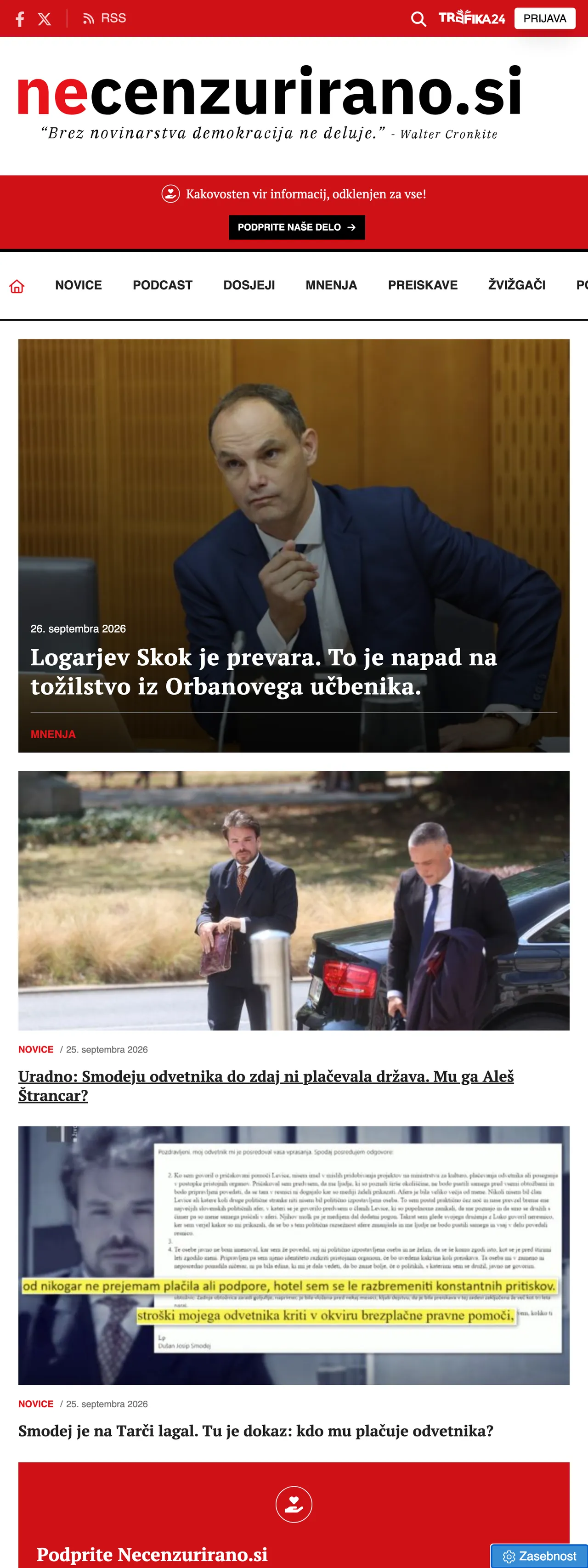 Screenshot of the Necenzurirano front page