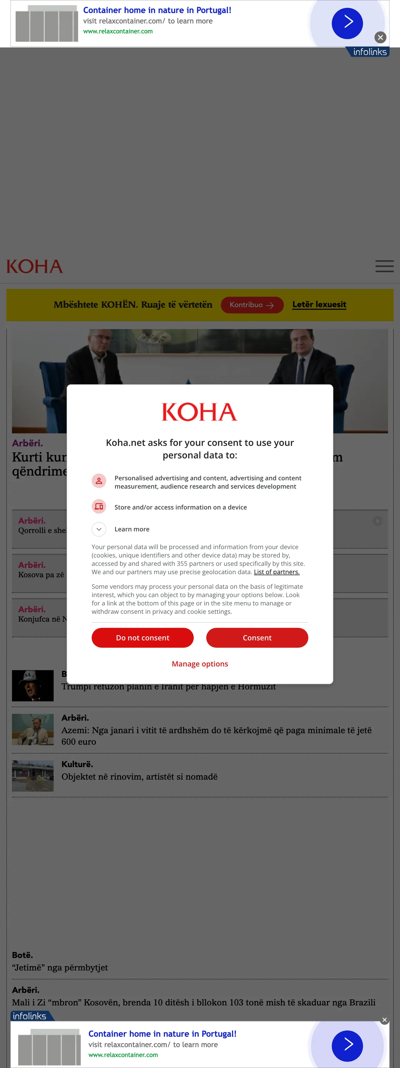 Screenshot of the Koha Ditore front page