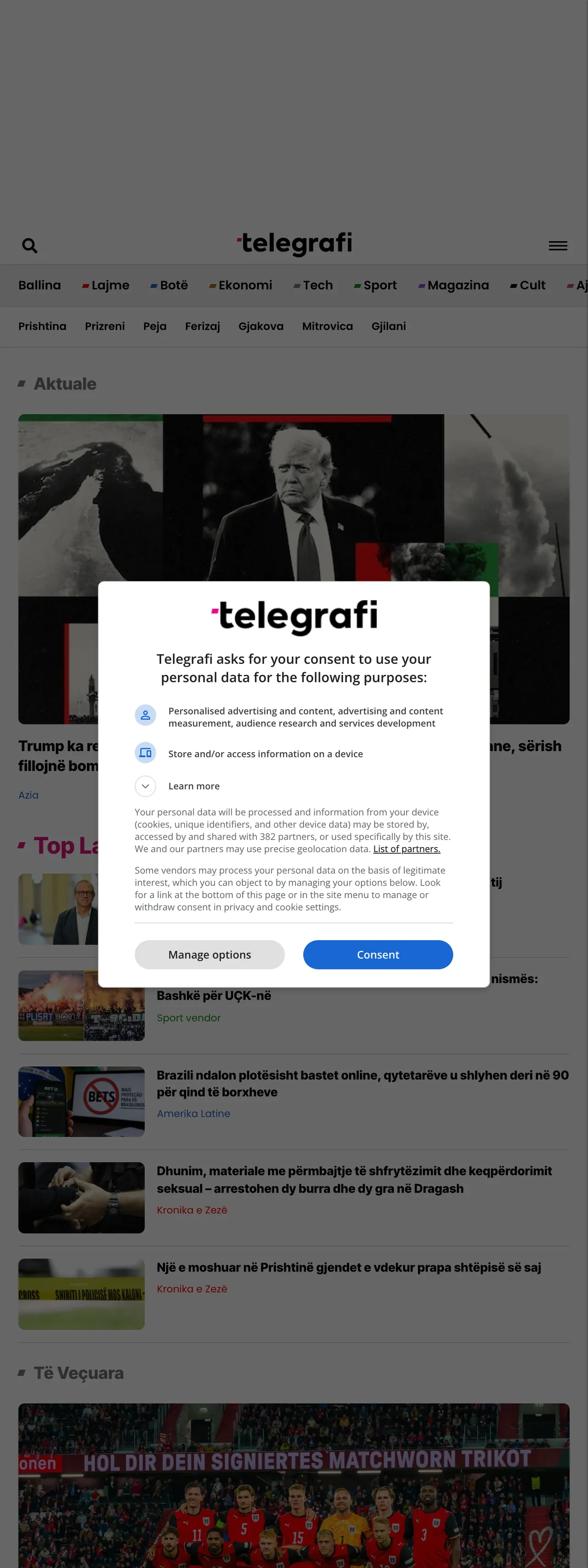 Screenshot of the Telegrafi front page