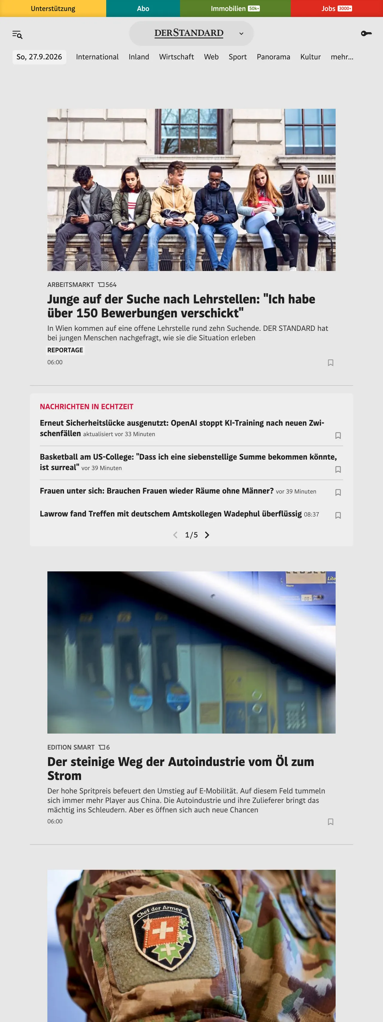 Screenshot of the DER STANDARD front page