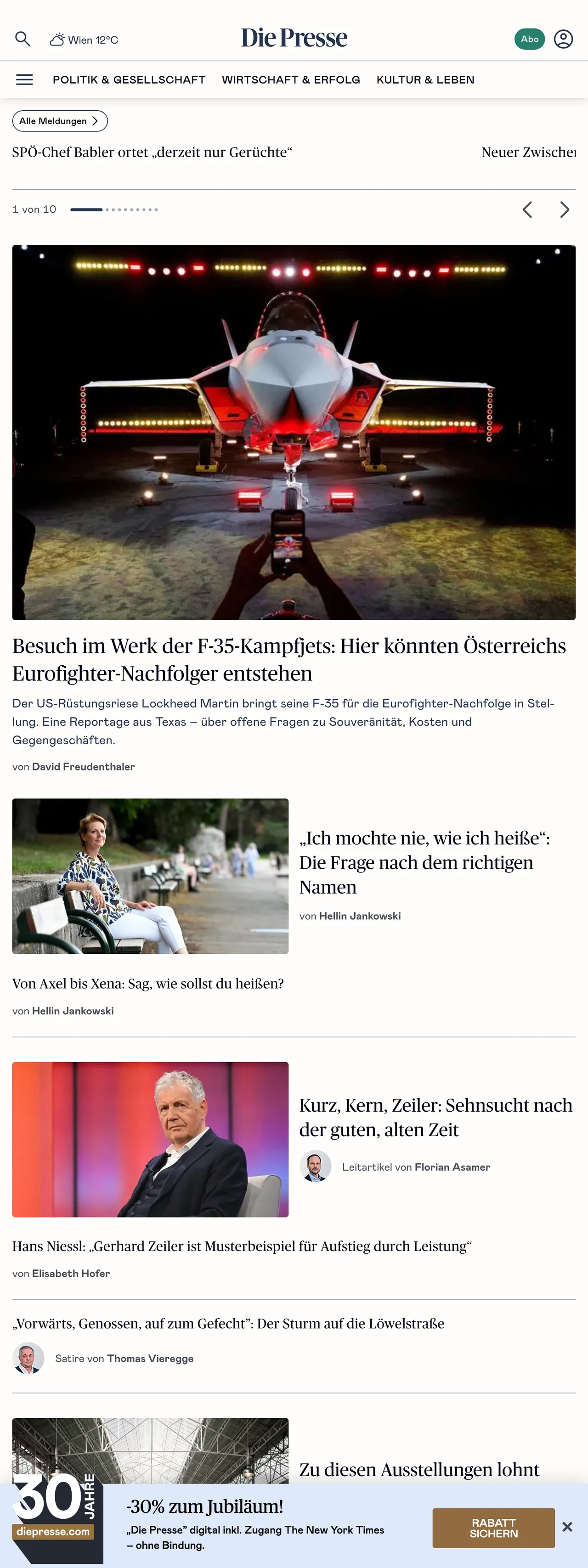 Screenshot of the Die Presse front page