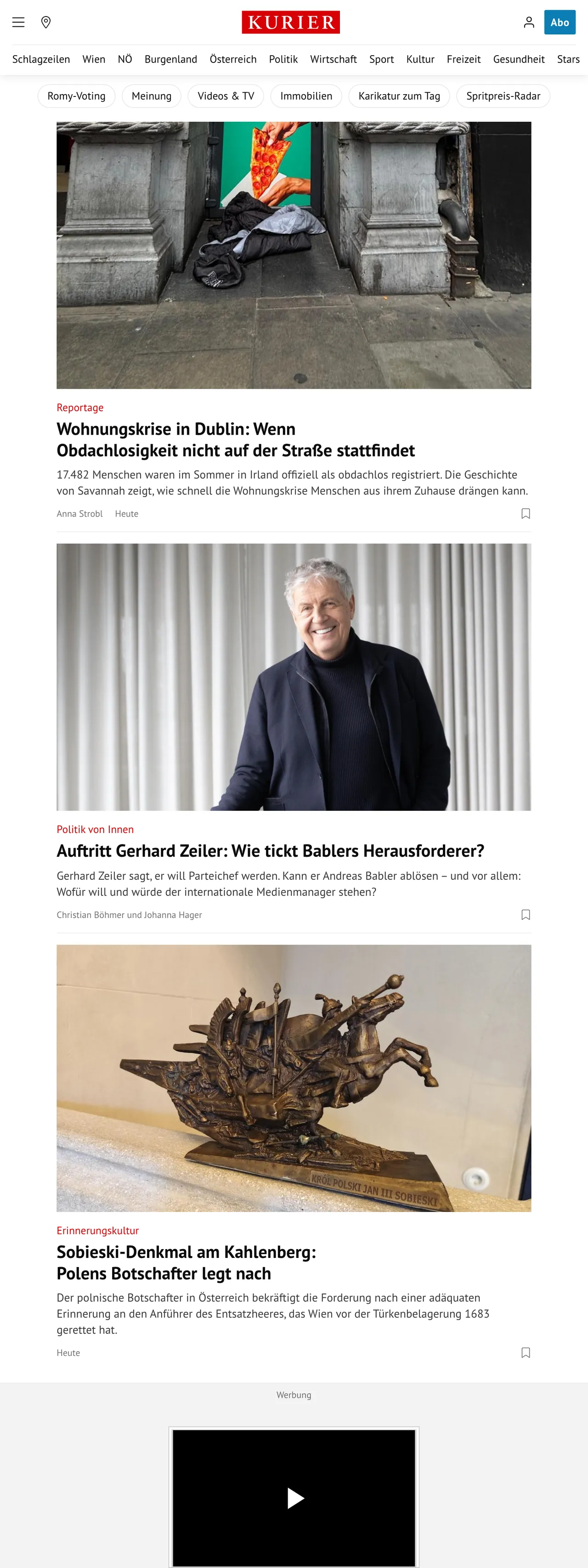 Screenshot of the Kurier front page