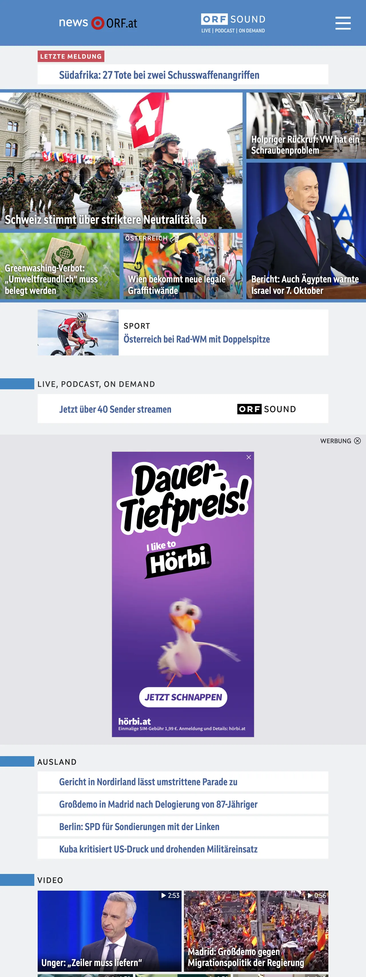 Screenshot of the ORF front page