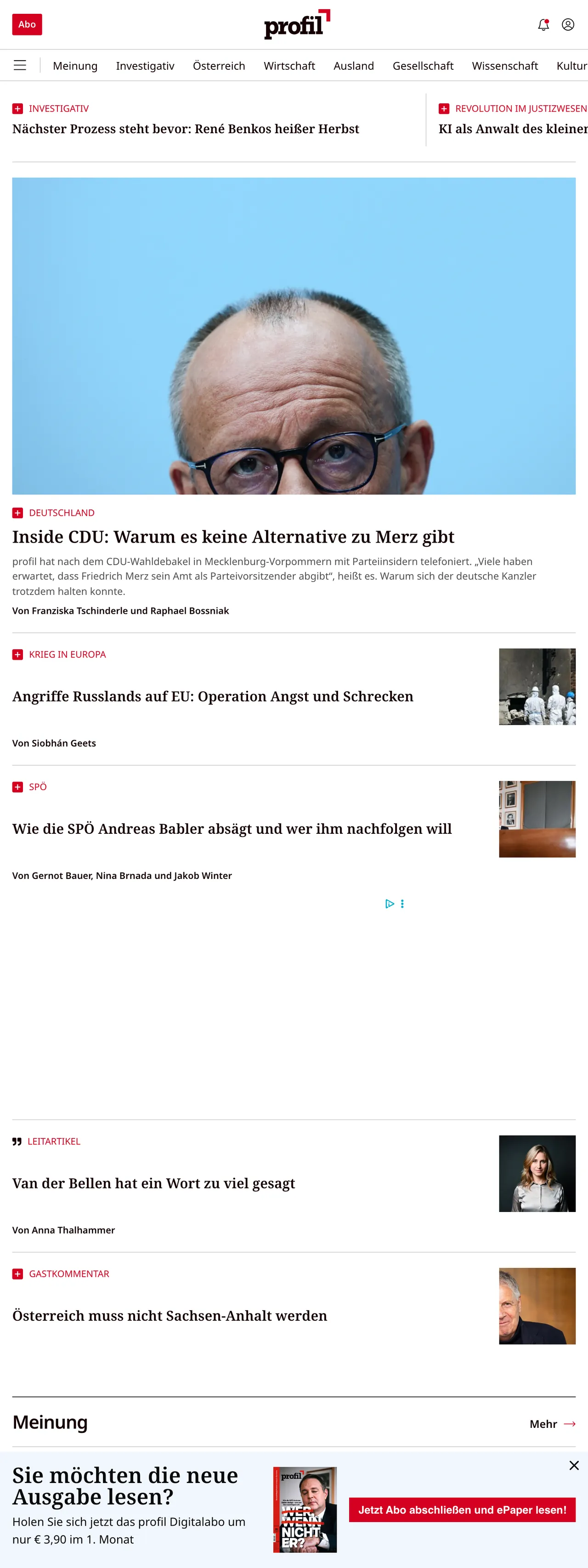 Screenshot of the profil front page