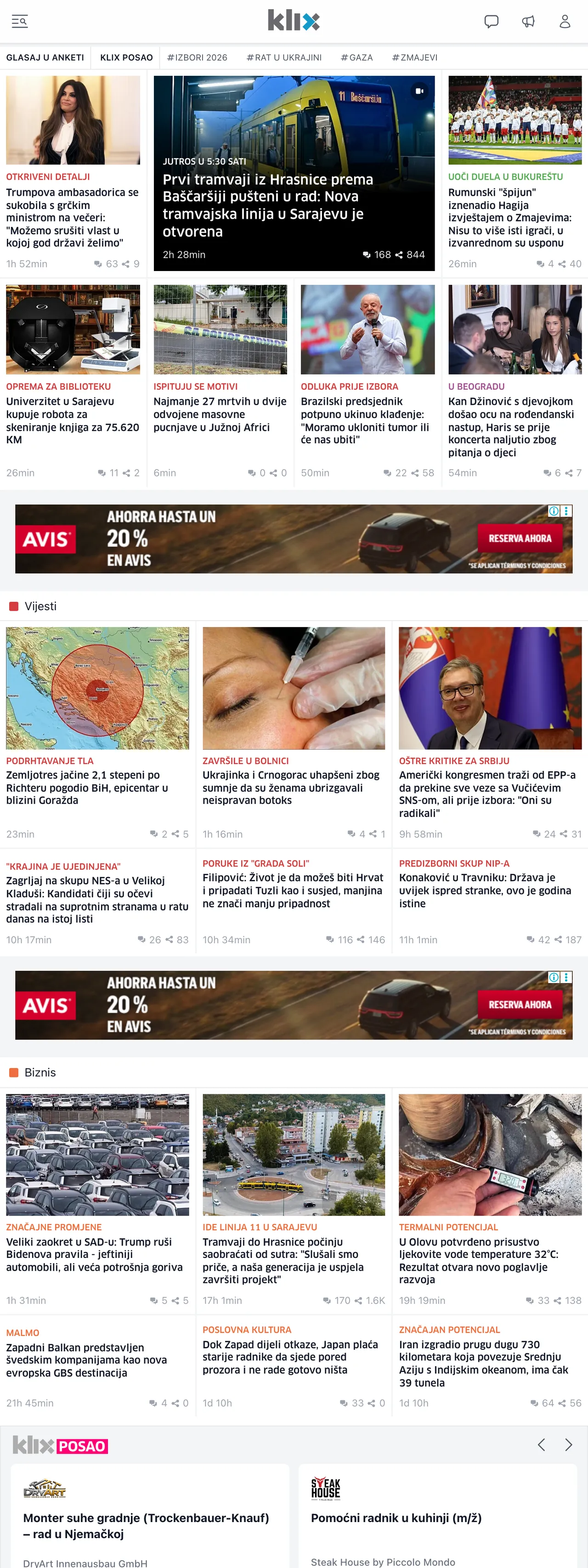 Screenshot of the Klix.ba front page