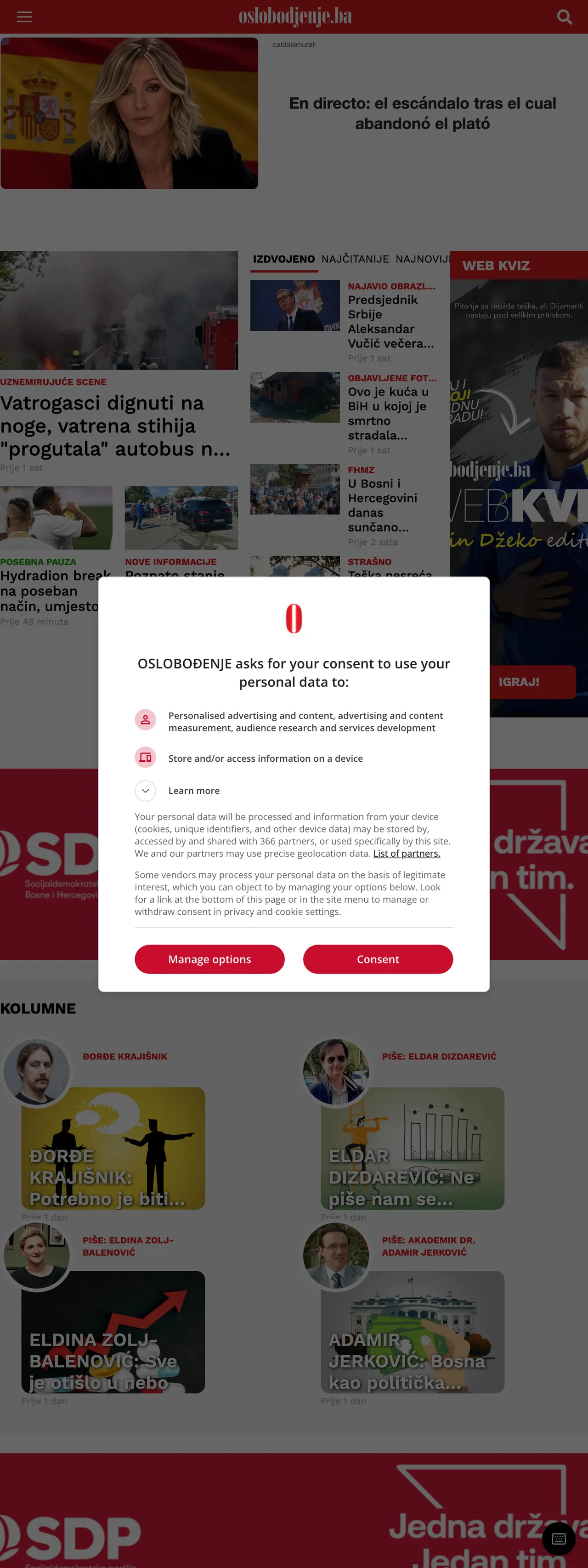 Screenshot of the Oslobođenje front page