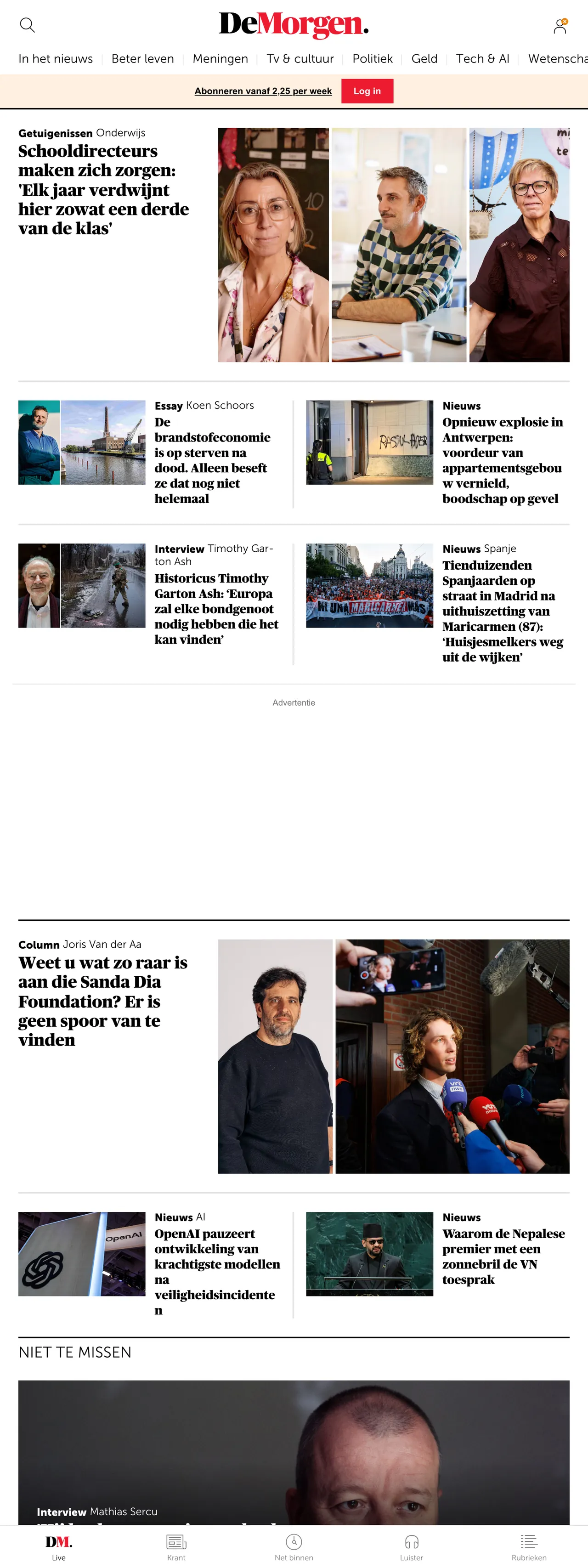 Screenshot of the De Morgen front page