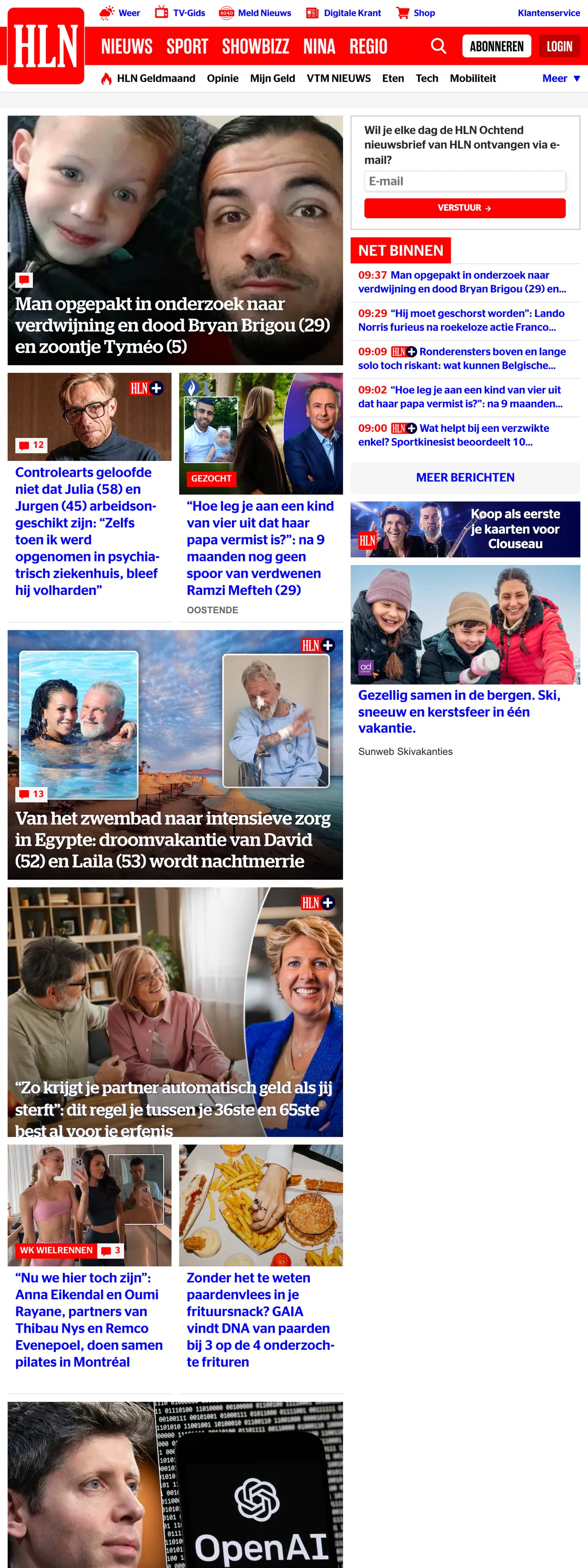 Screenshot of the HLN front page