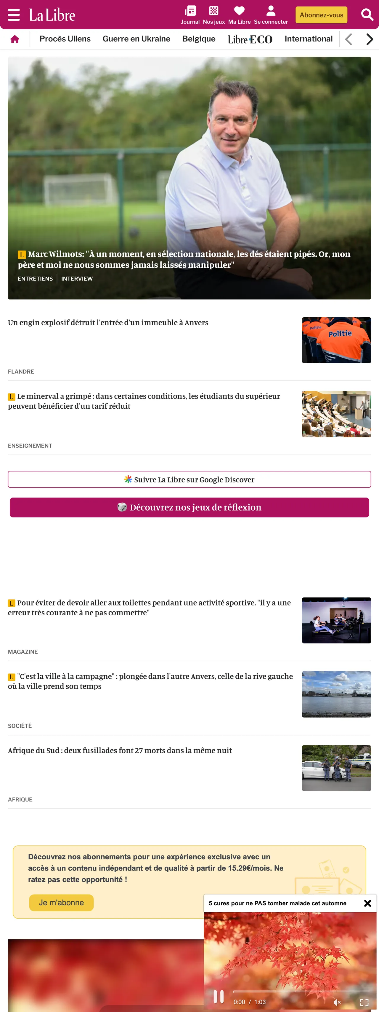 Screenshot of the La Libre front page