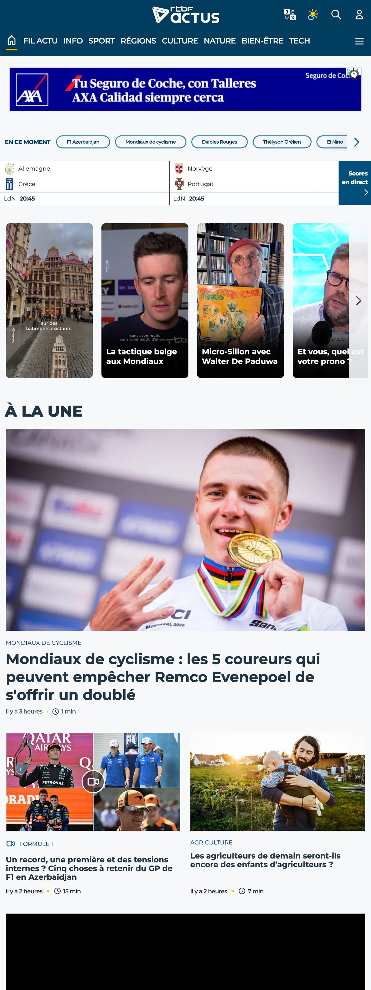 Screenshot of the RTBF front page