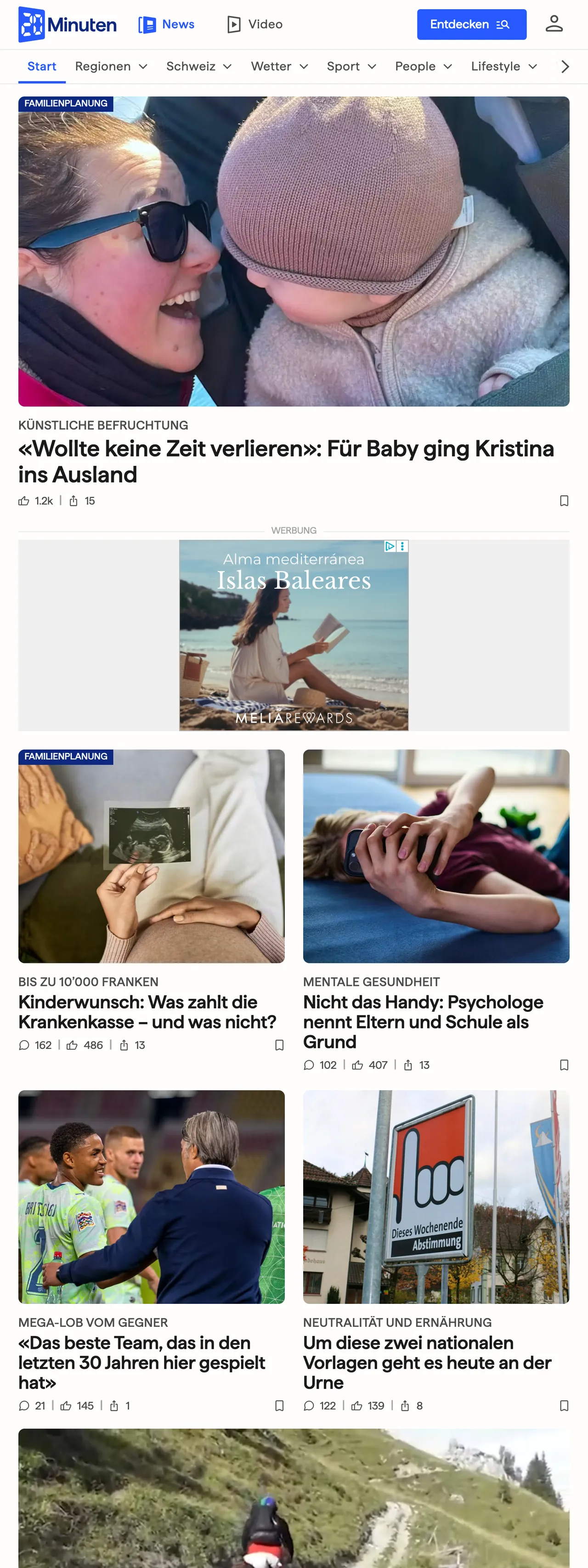Screenshot of the 20 Minuten front page