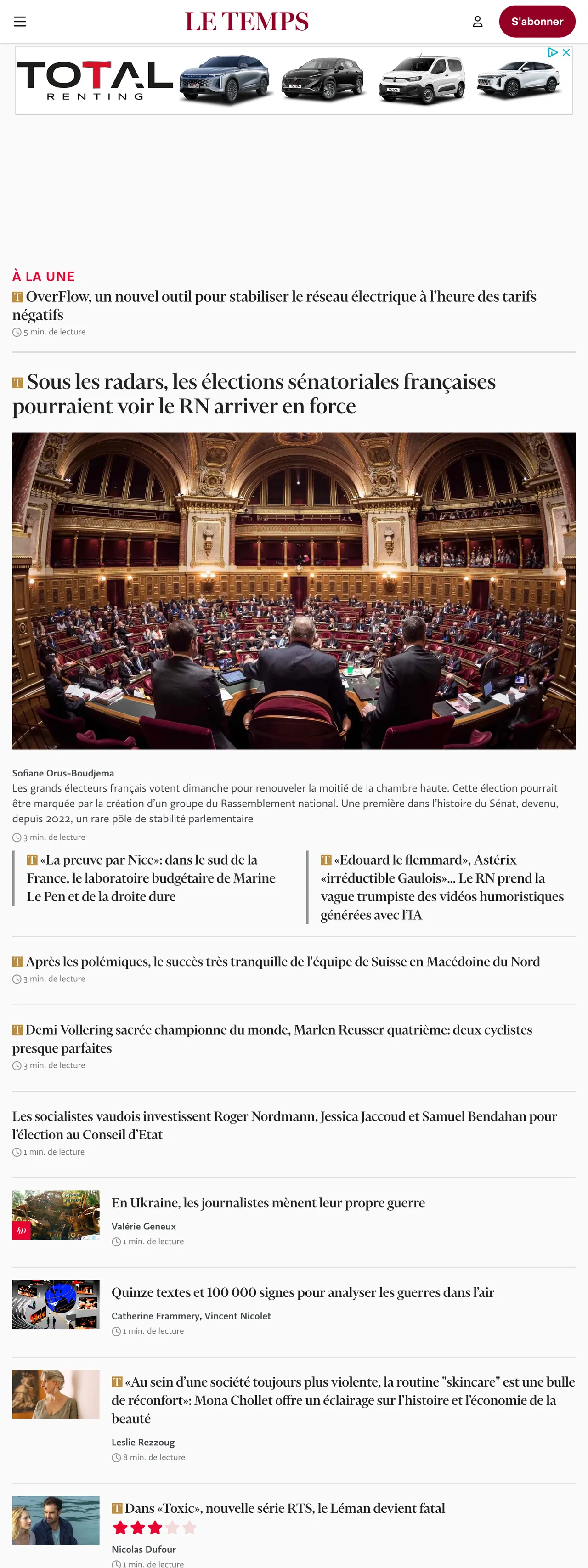 Screenshot of the Le Temps front page