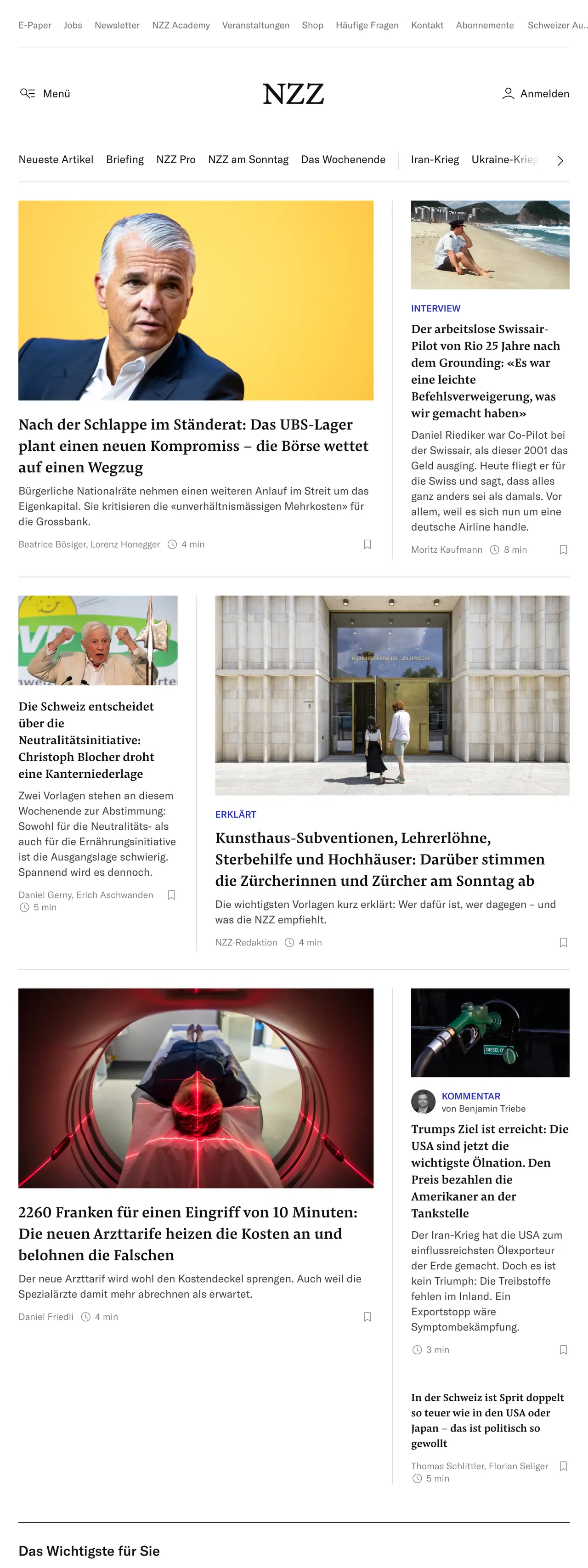 Screenshot of the Neue Zürcher Zeitung front page