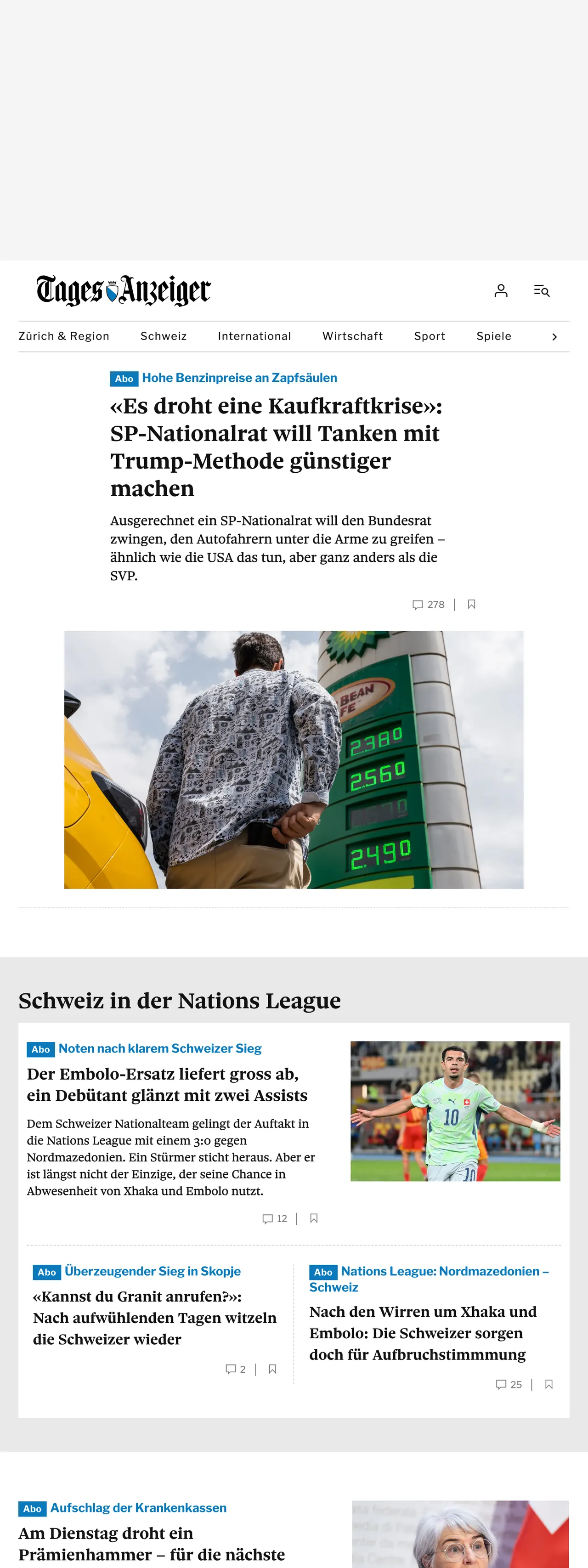 Screenshot of the Tages-Anzeiger front page
