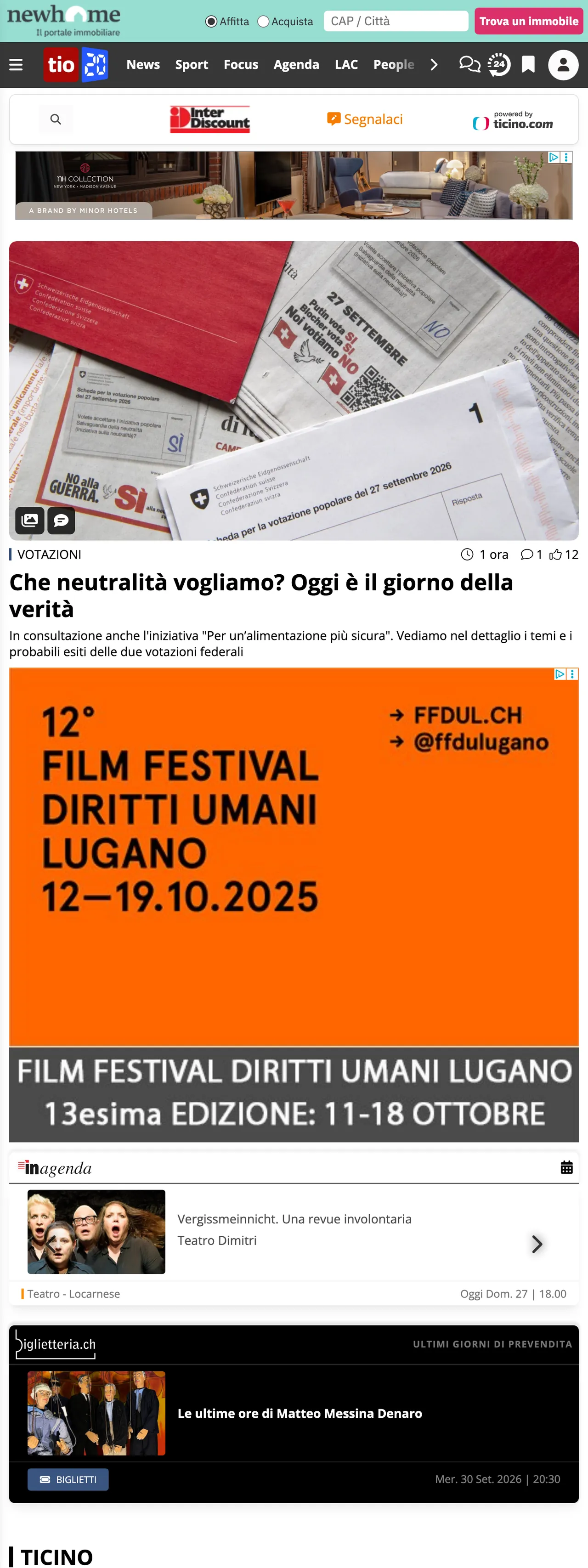 Screenshot of the Ticinonline front page