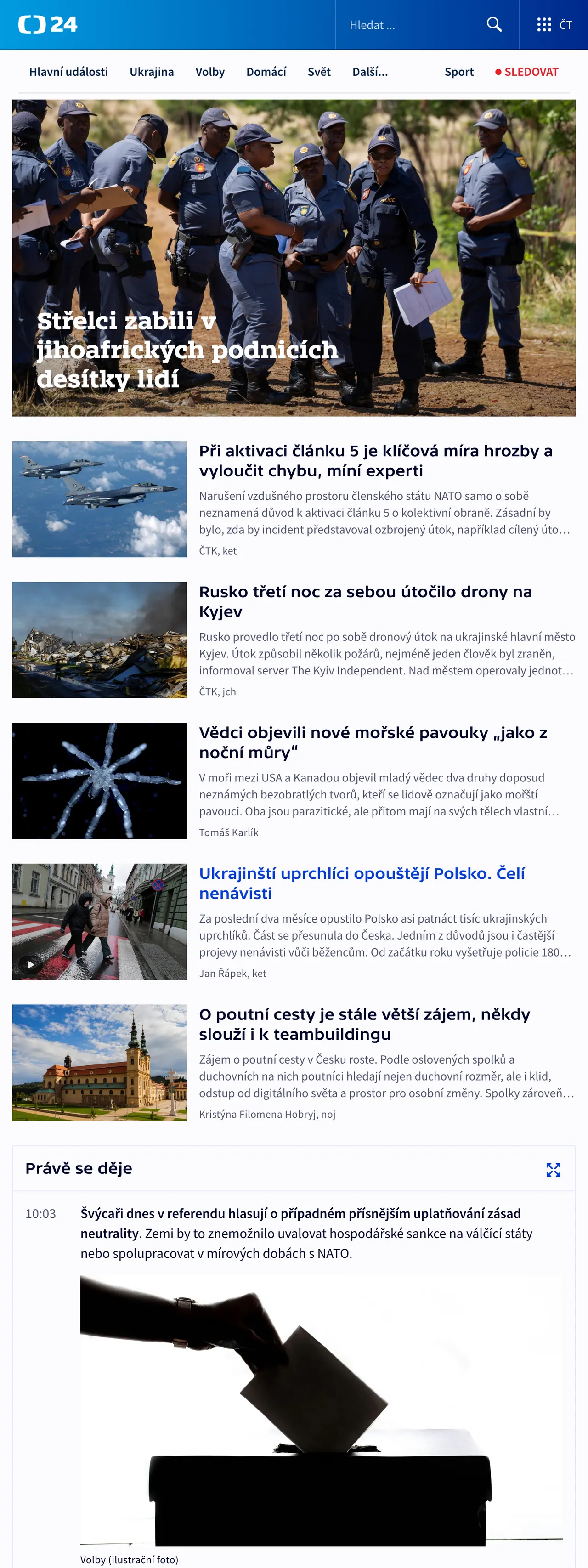 Screenshot of the ČT24 front page
