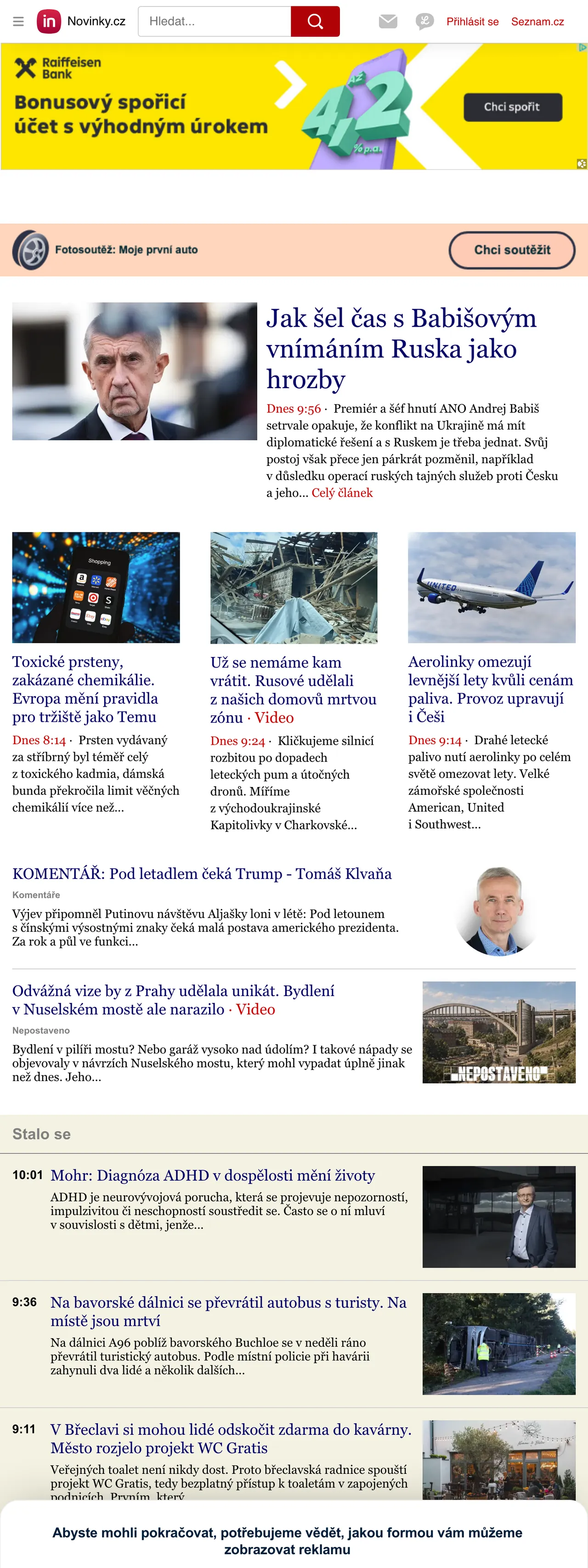 Screenshot of the Novinky.cz front page