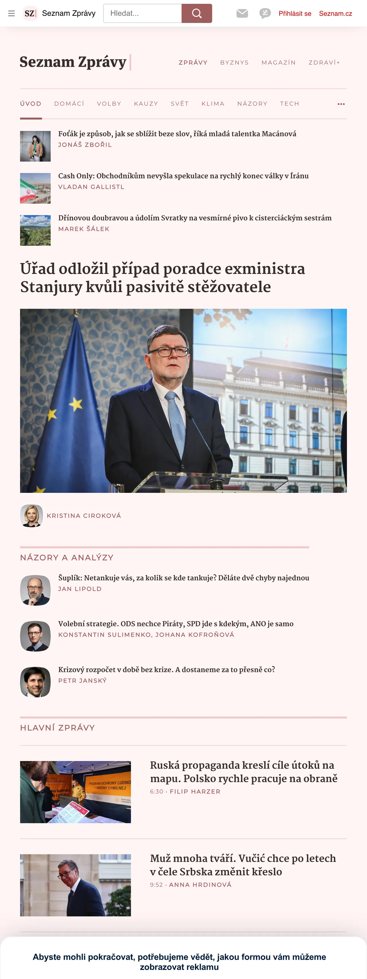 Screenshot of the Seznam Zprávy front page