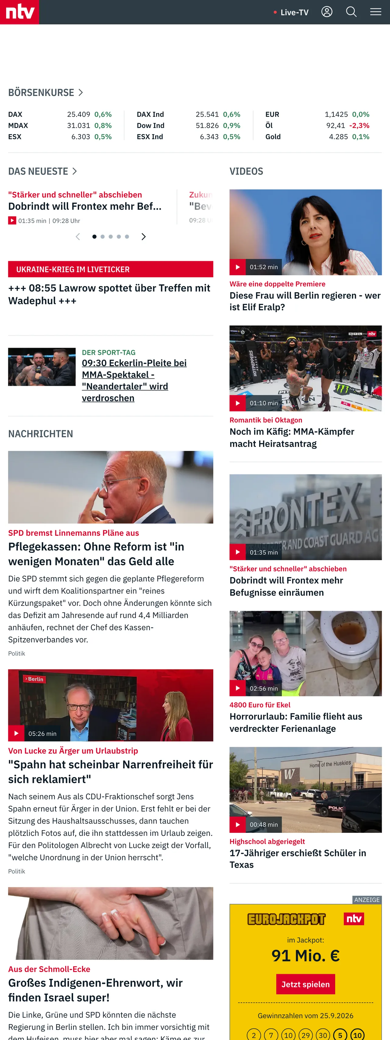 Screenshot of the n-tv front page