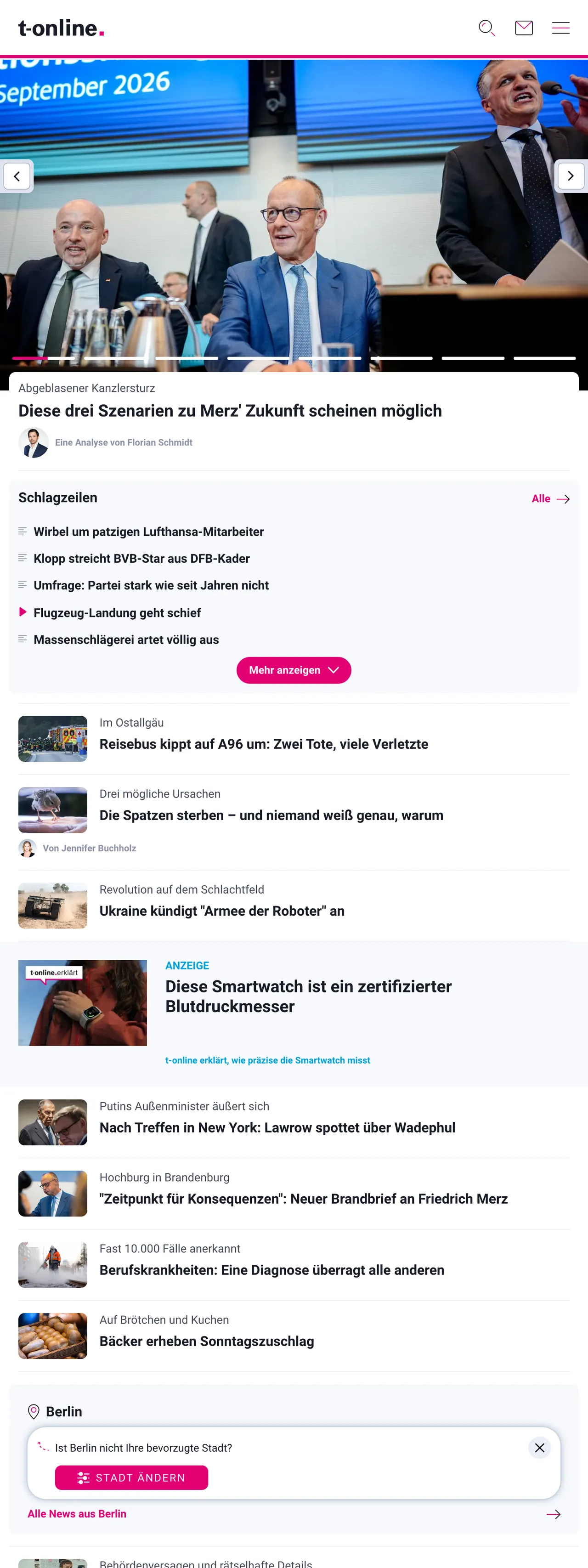 Screenshot of the t-online front page